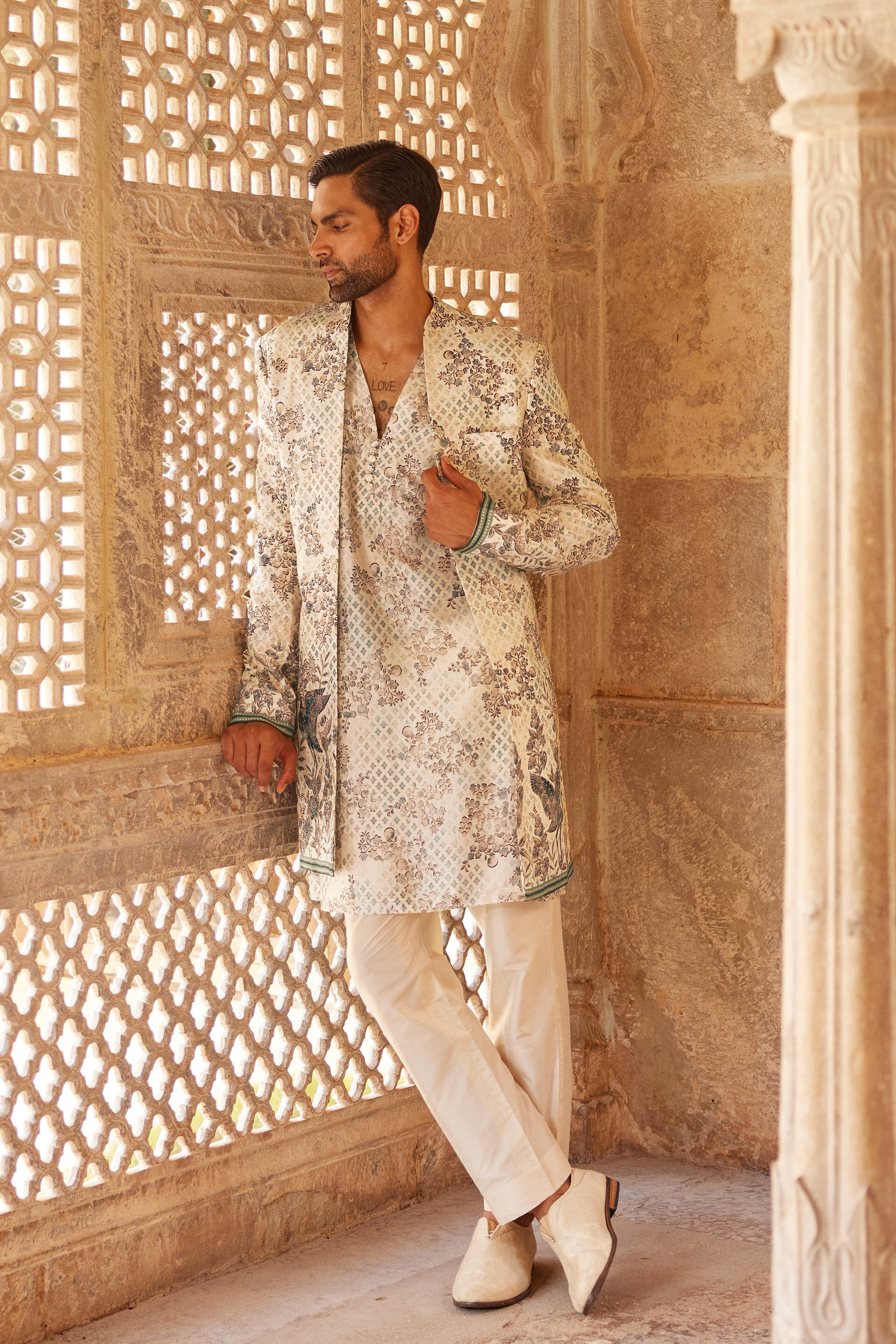 Rukham Printed Silk Sherwani - Ivory