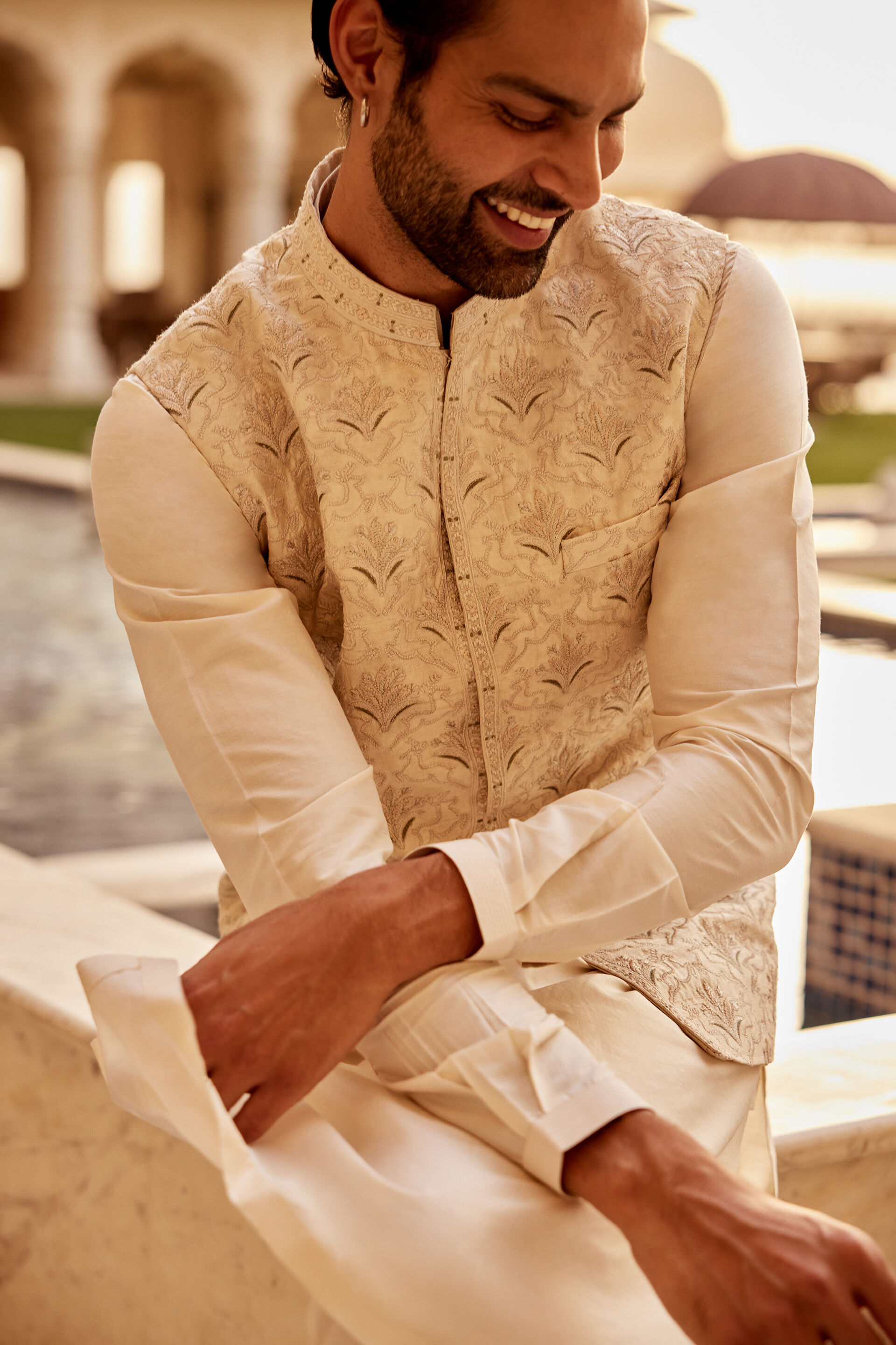 Surjit Embroidered Silk Nehru Jacket - Ivory, Ivory, image 3