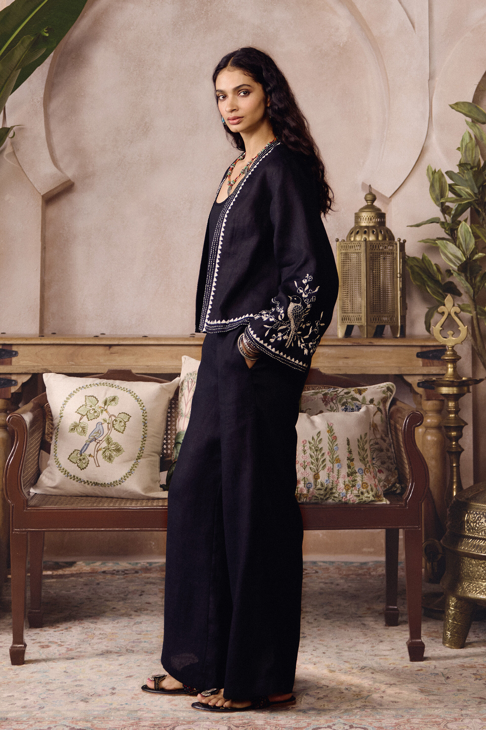 Selja Hand-embroidered Kantha Hemp Jacket Set - Black, Black, image 3