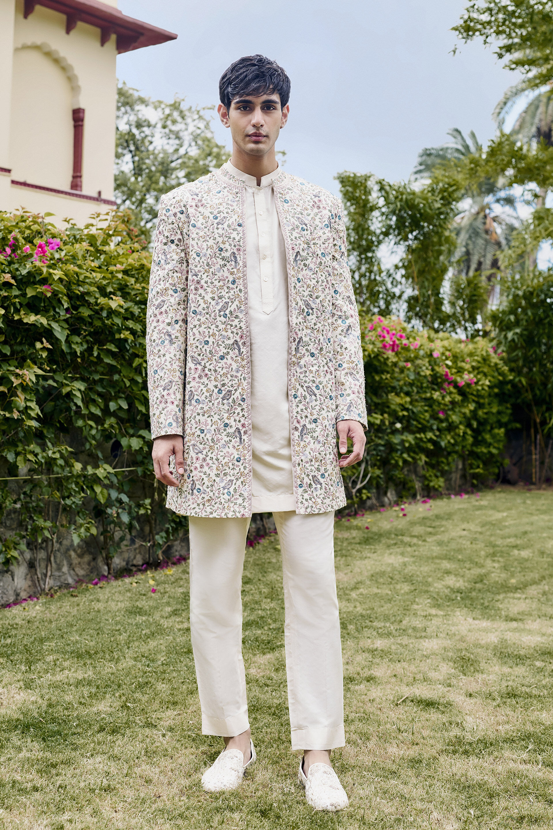 Avir Aari Embroidered Silk Sherwani - Cream