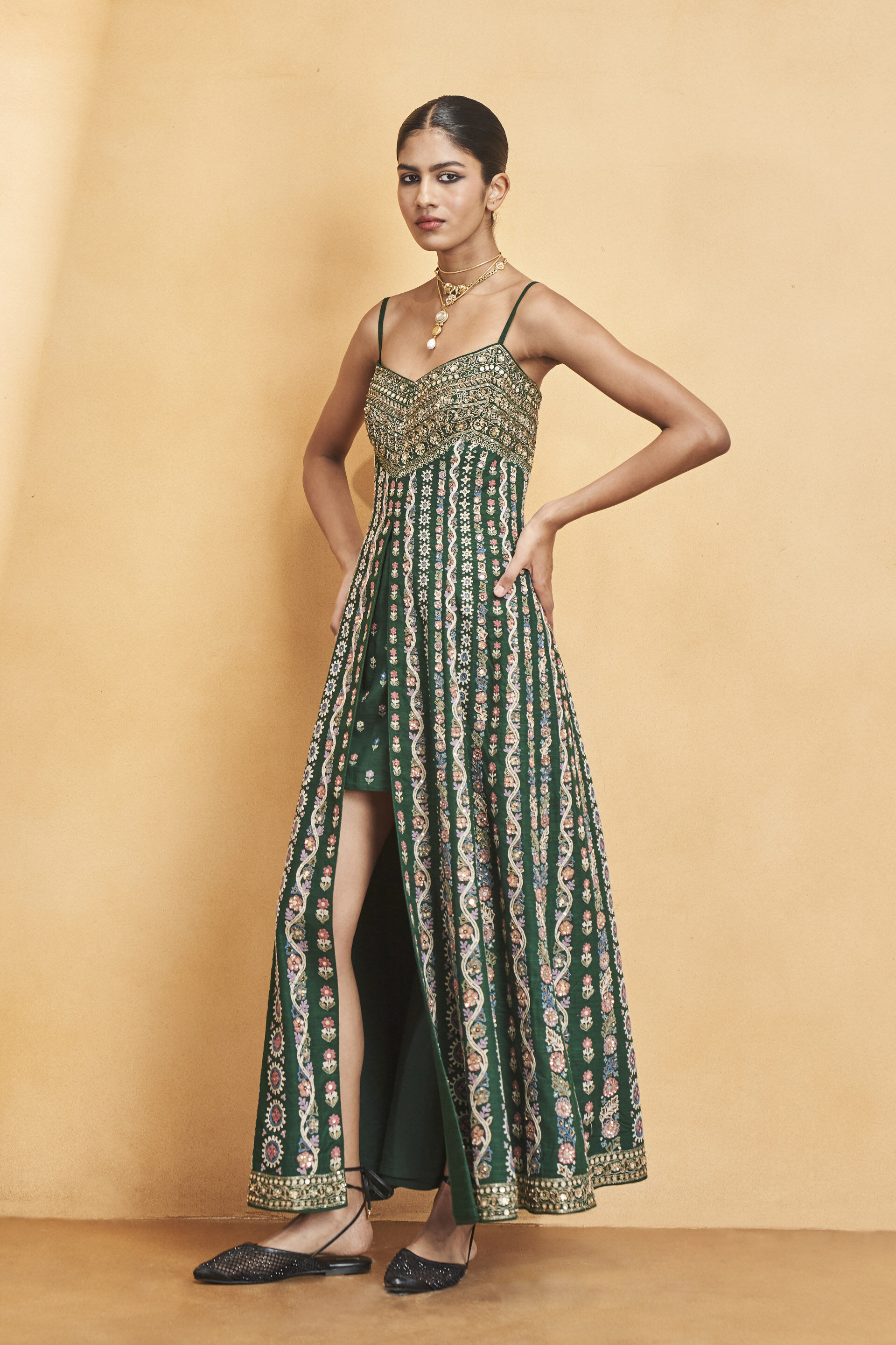 Sounds Of The Forest SEWA Hand-embroidered Silk Dress - Green, Green, image 3