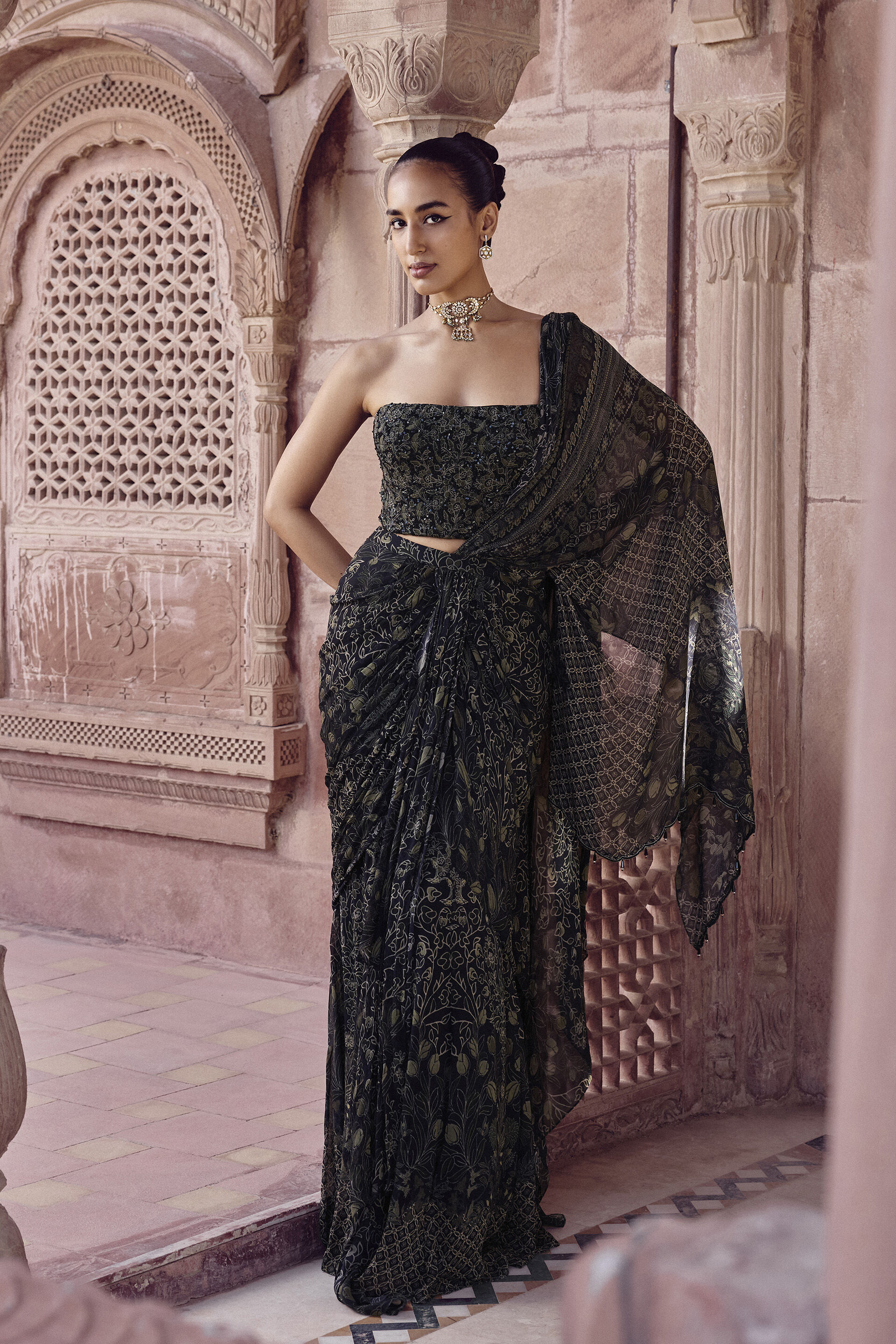 Ryka Sequin Chiffon Pre-draped Saree - Black