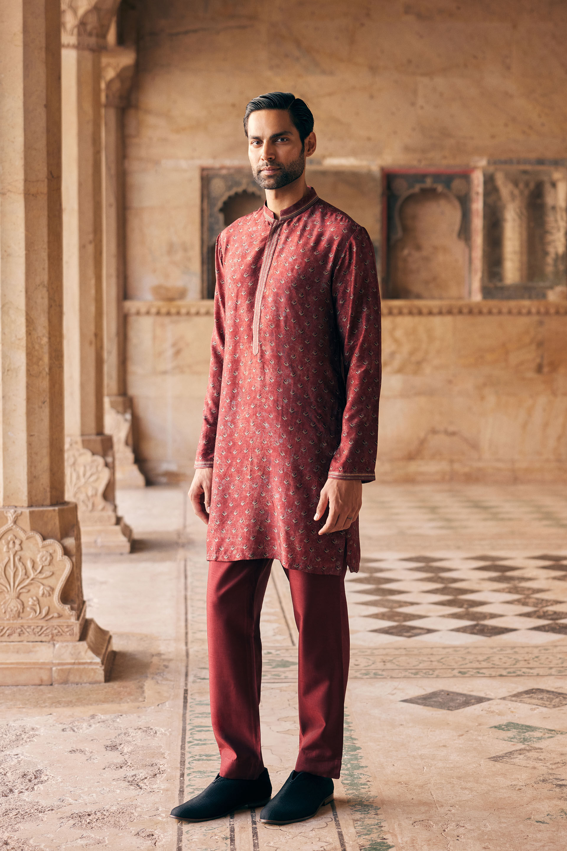 Humair Printed Silk Kurta - Maroon