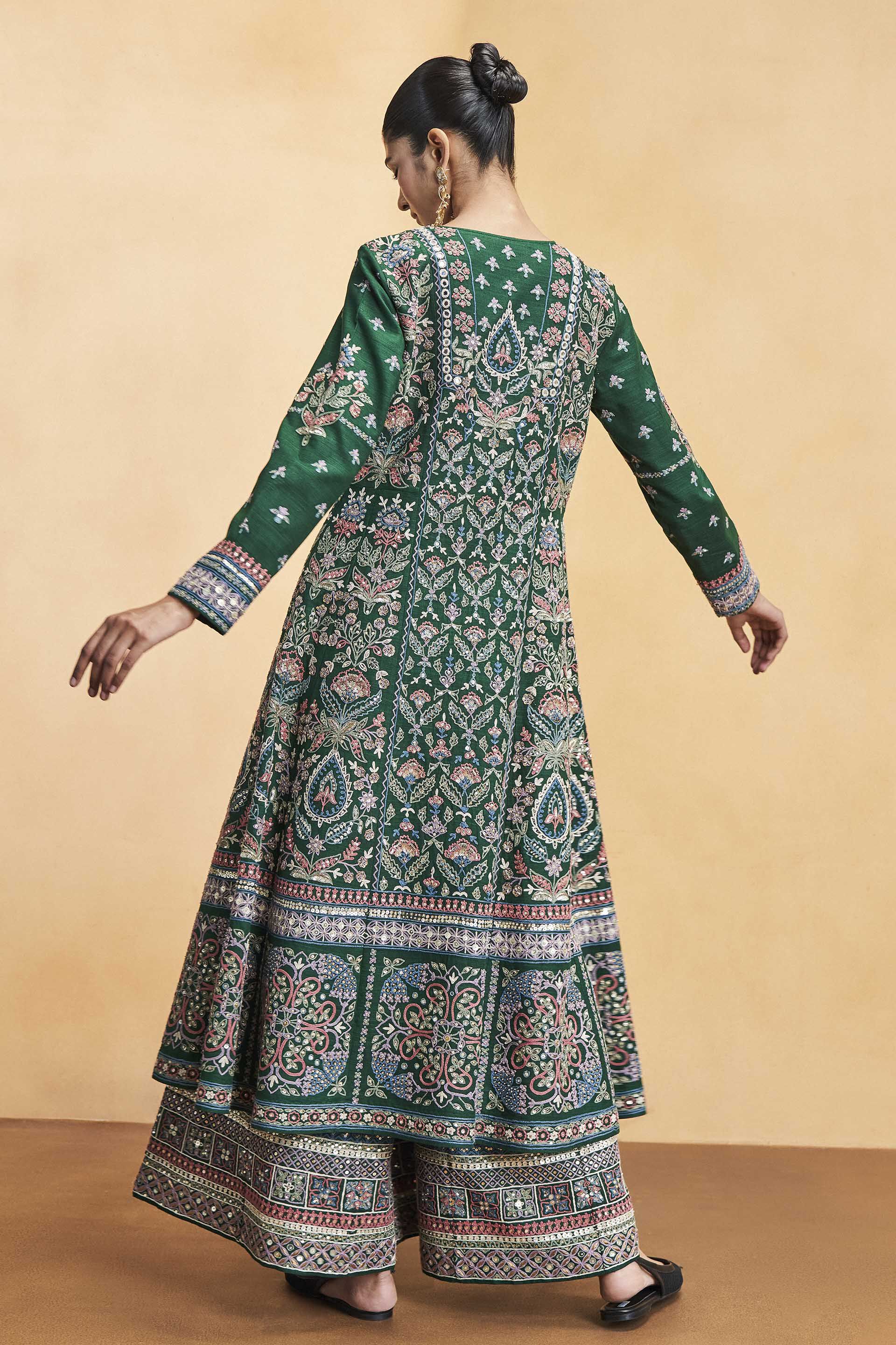 Serenade Of The Trees SEWA Hand-embroidered Silk Kurta Set - Green, Green, image 3