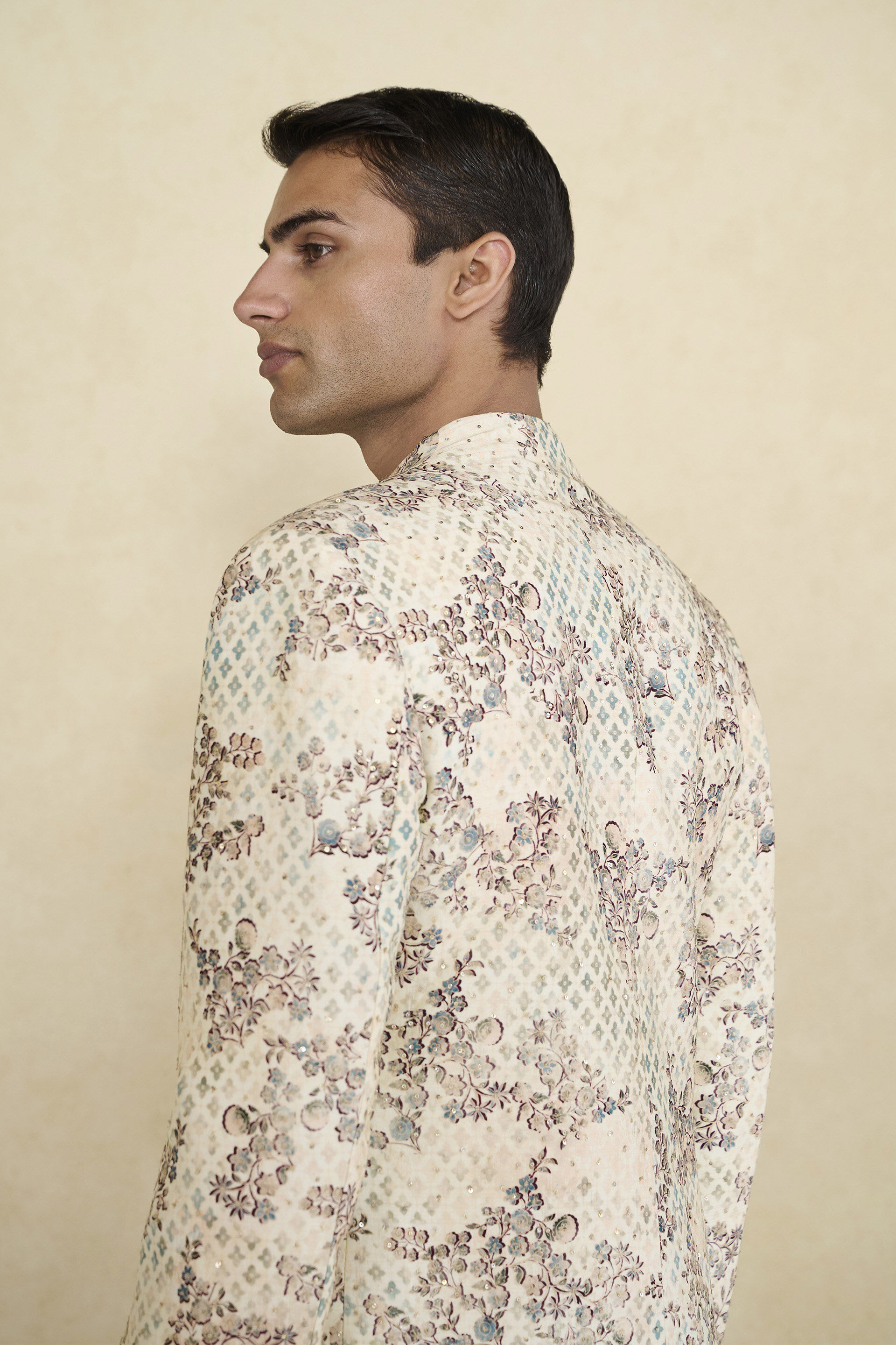 Rukham Printed Silk Sherwani - Ivory, Ivory, image 7