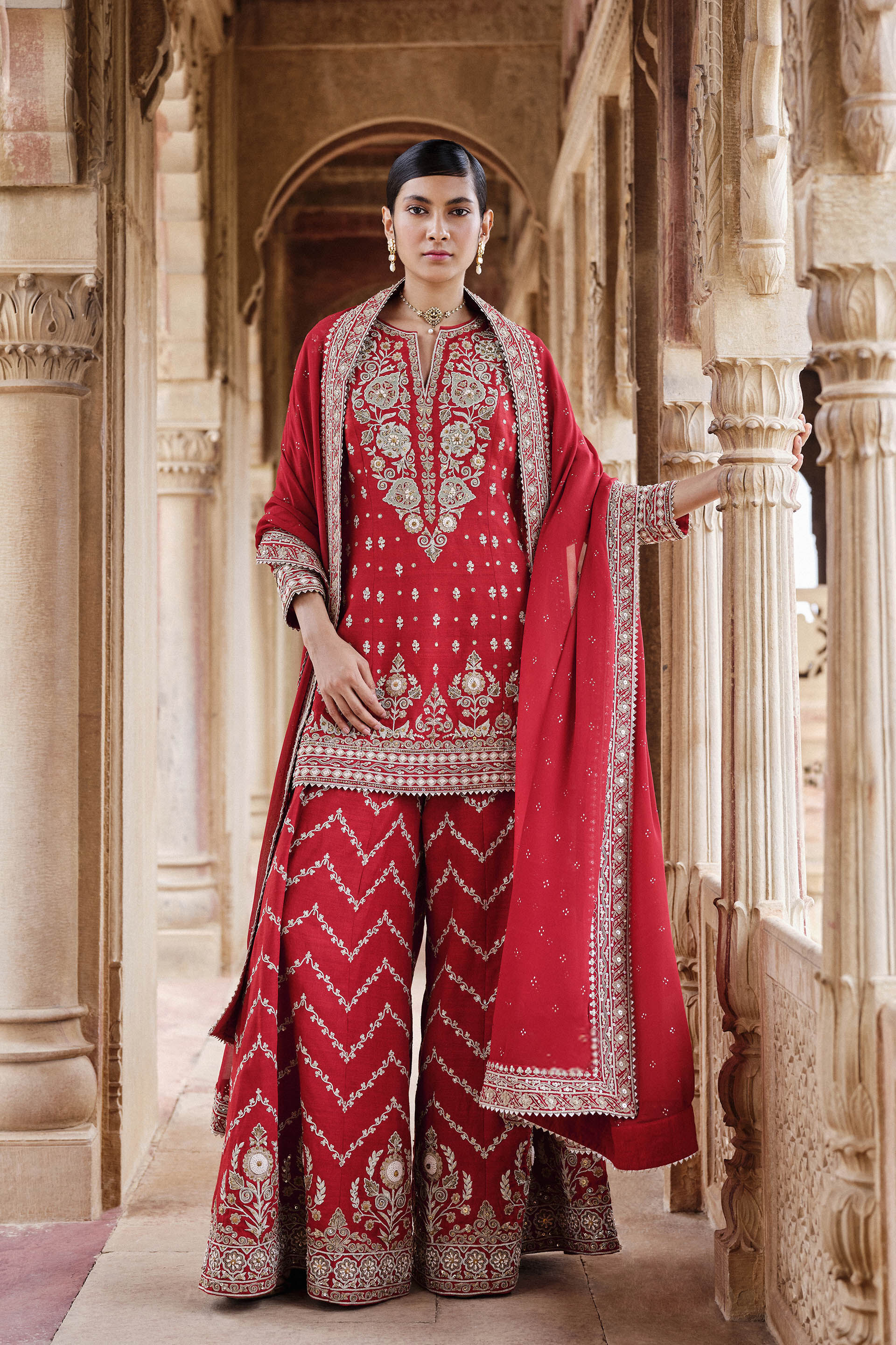 Maalavi Embroidered Cord Silk Suit Set - Red