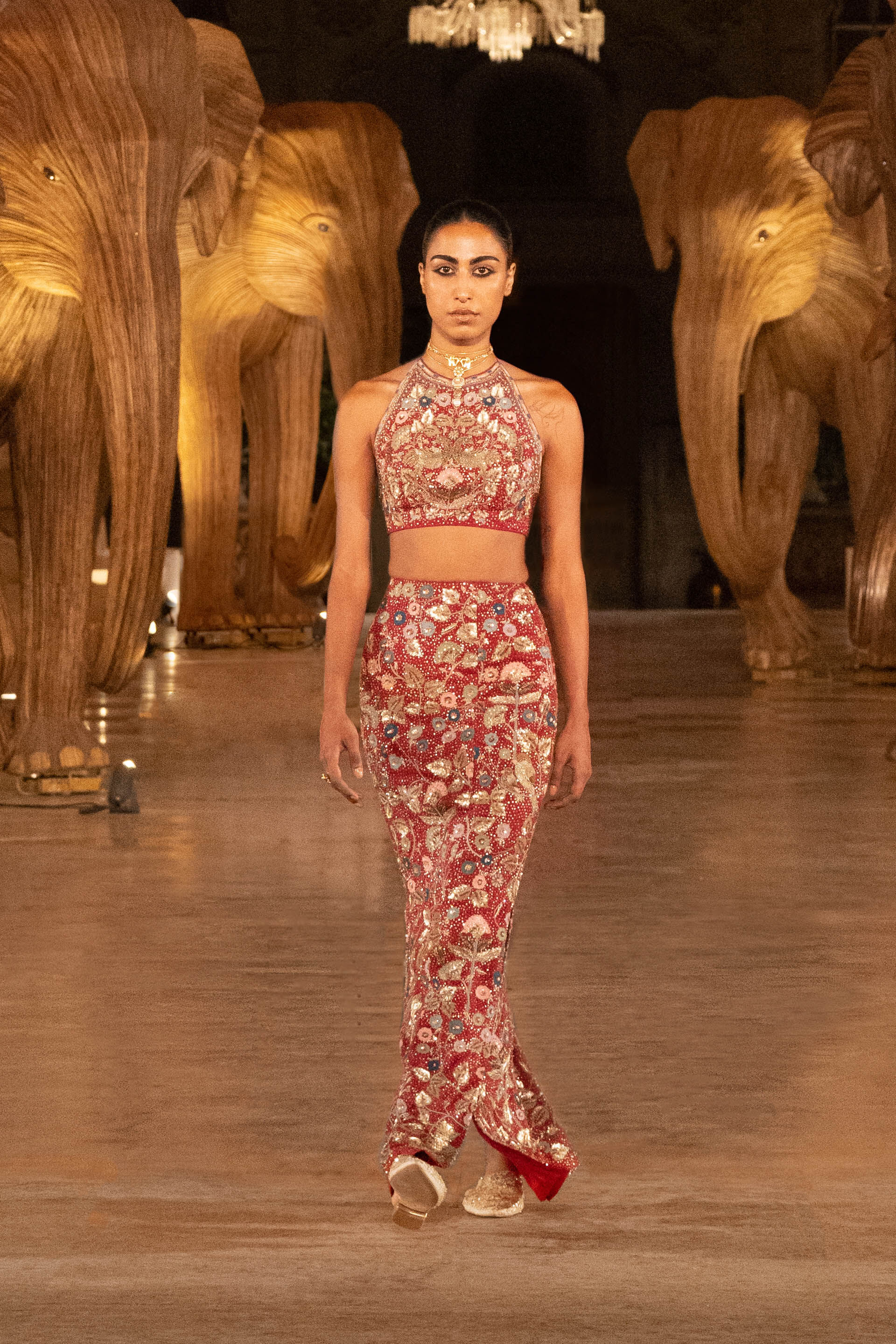 Symphony Of The Wilderness Embroidered Zardozi Silk Skirt Set - Wine, Wine, image 5