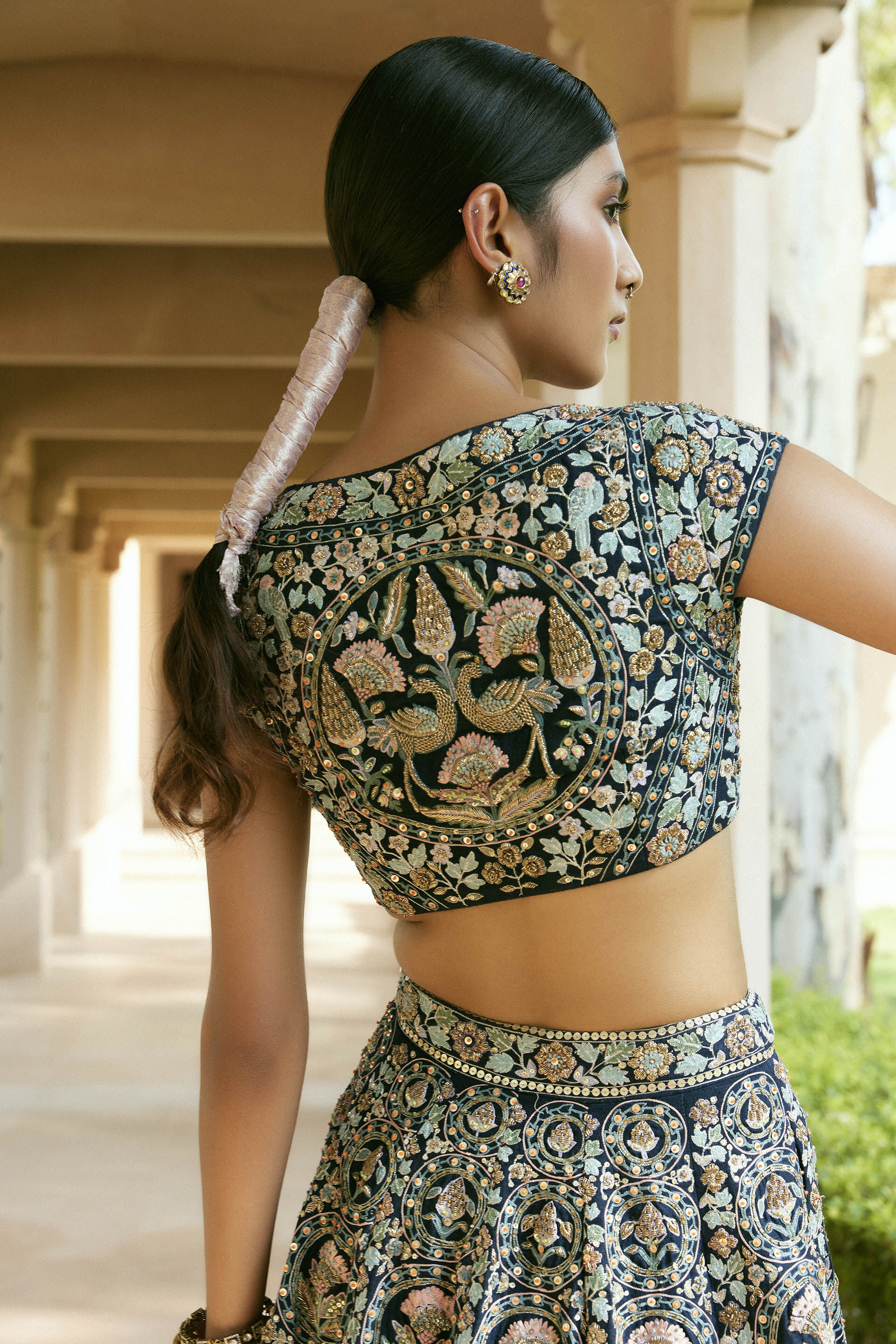 Nadisa Zardozi & Resham Silk Skirt Set - Navy Blue, Navy Blue, image 5