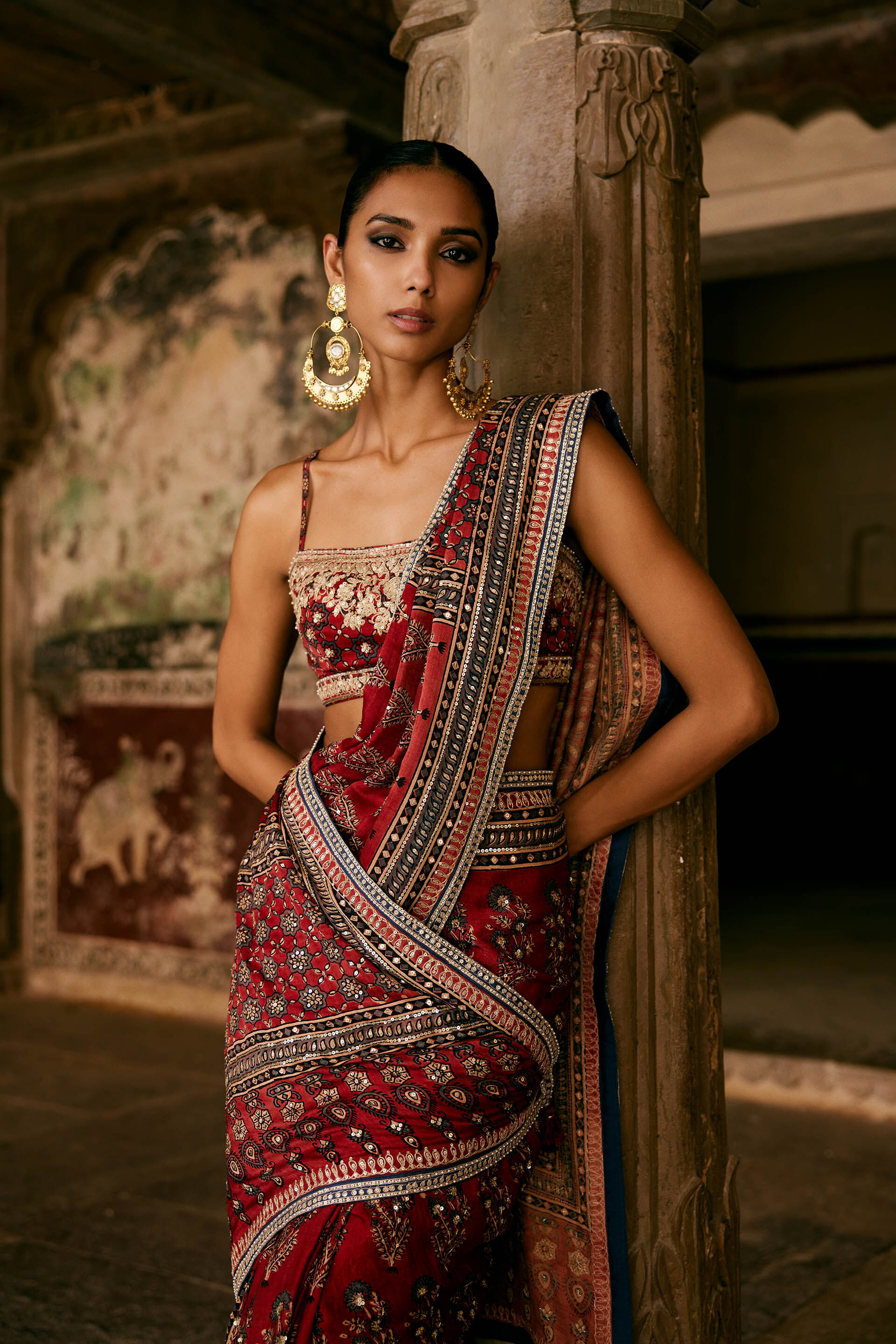 Saaj Ajrakh Hand-block Printed Silk Saree - Red, Red, image 14