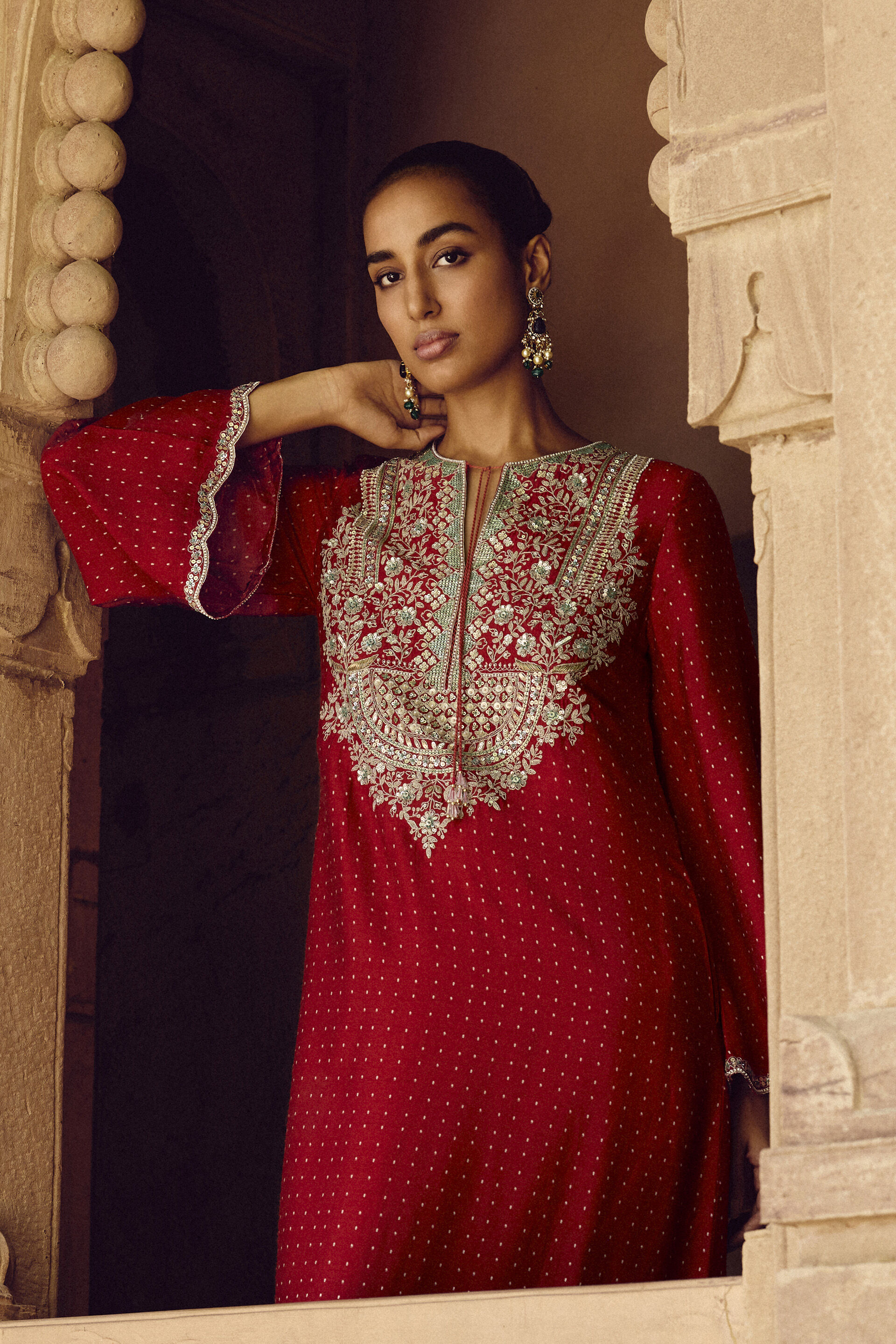 Sindhura Embroidered Silk Kaftan - Red, Red, image 3