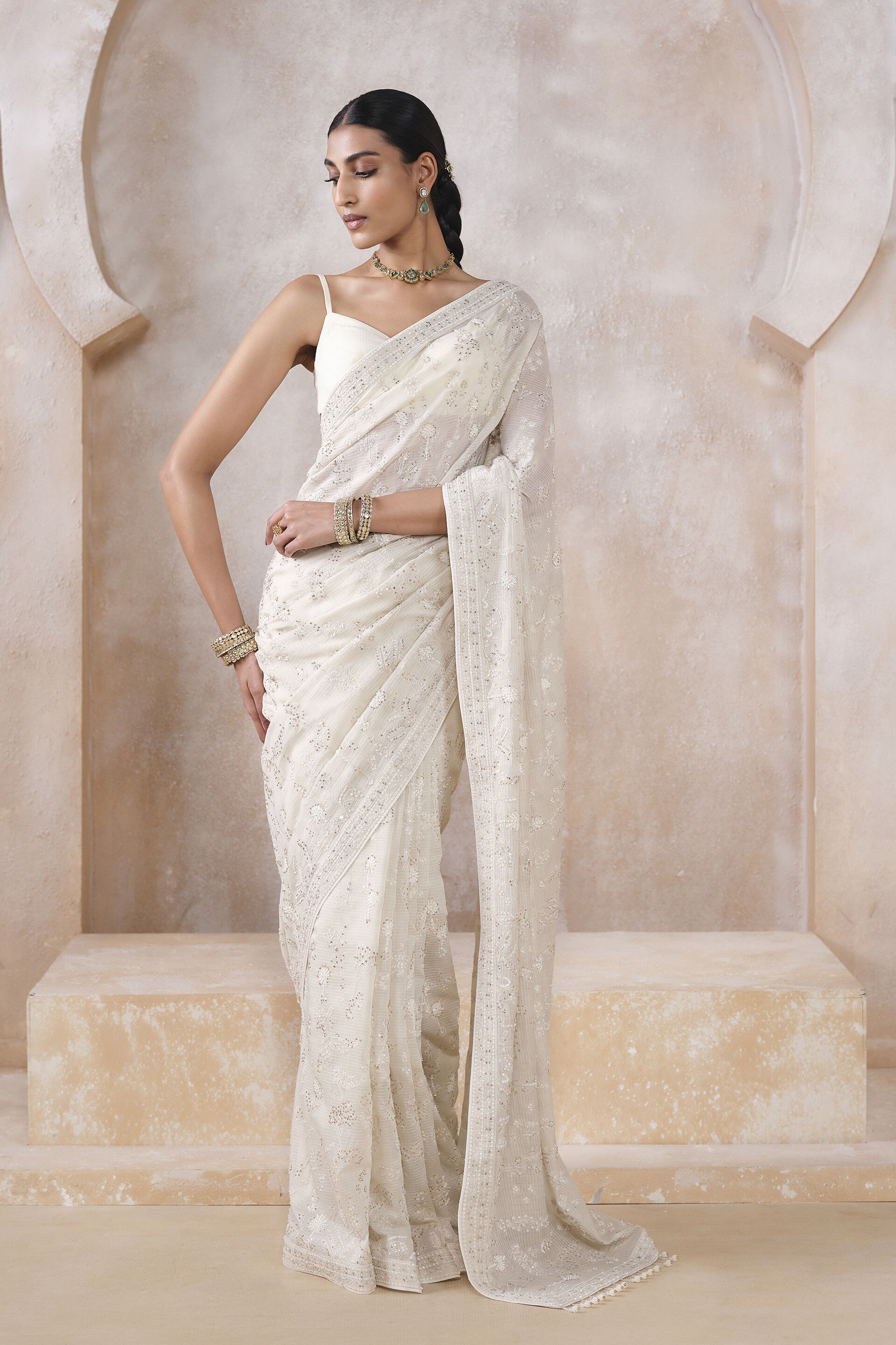 Zuhra Embroidered Saree - Ivory