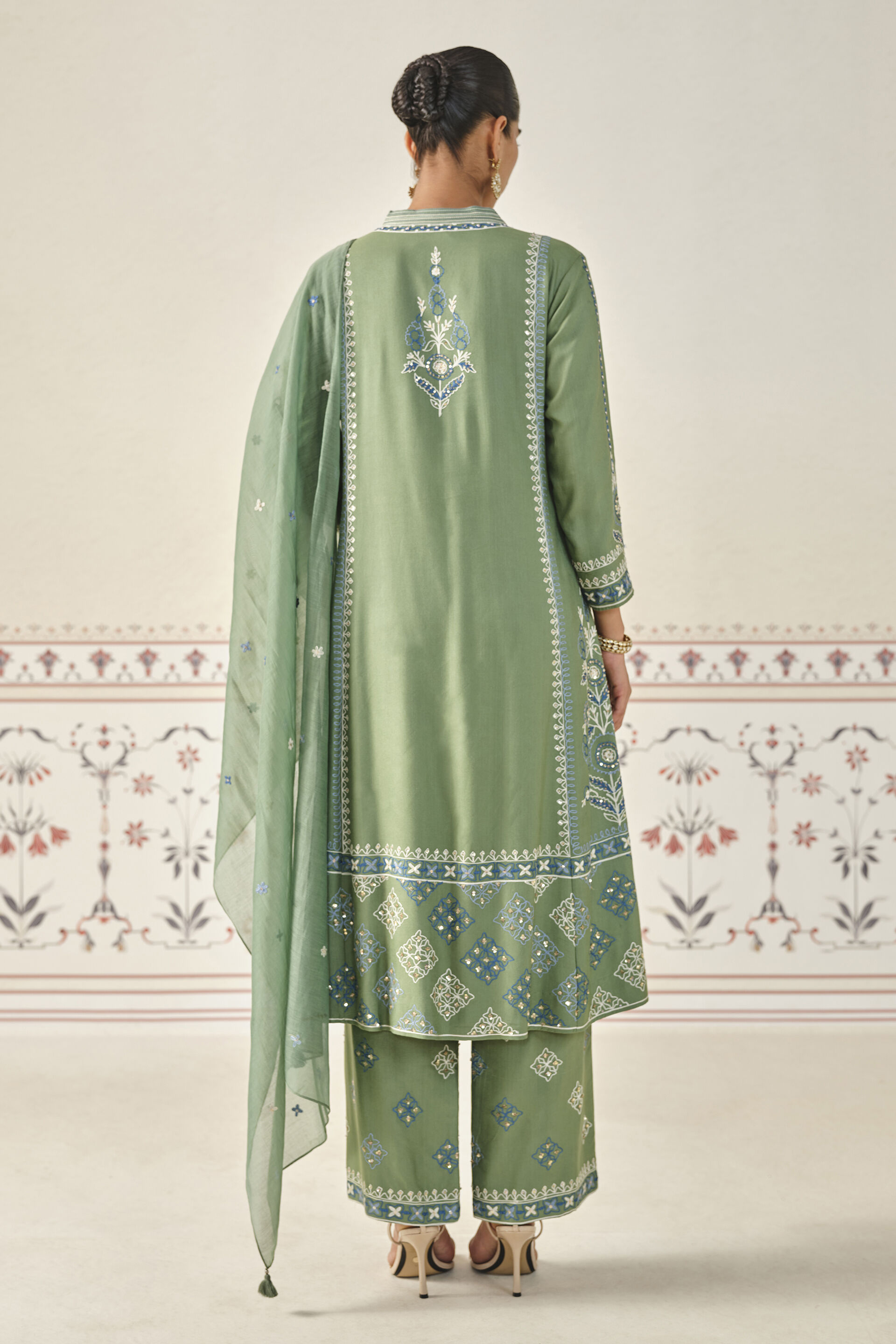 Anedya Kantha Silk Suit Set - Sage