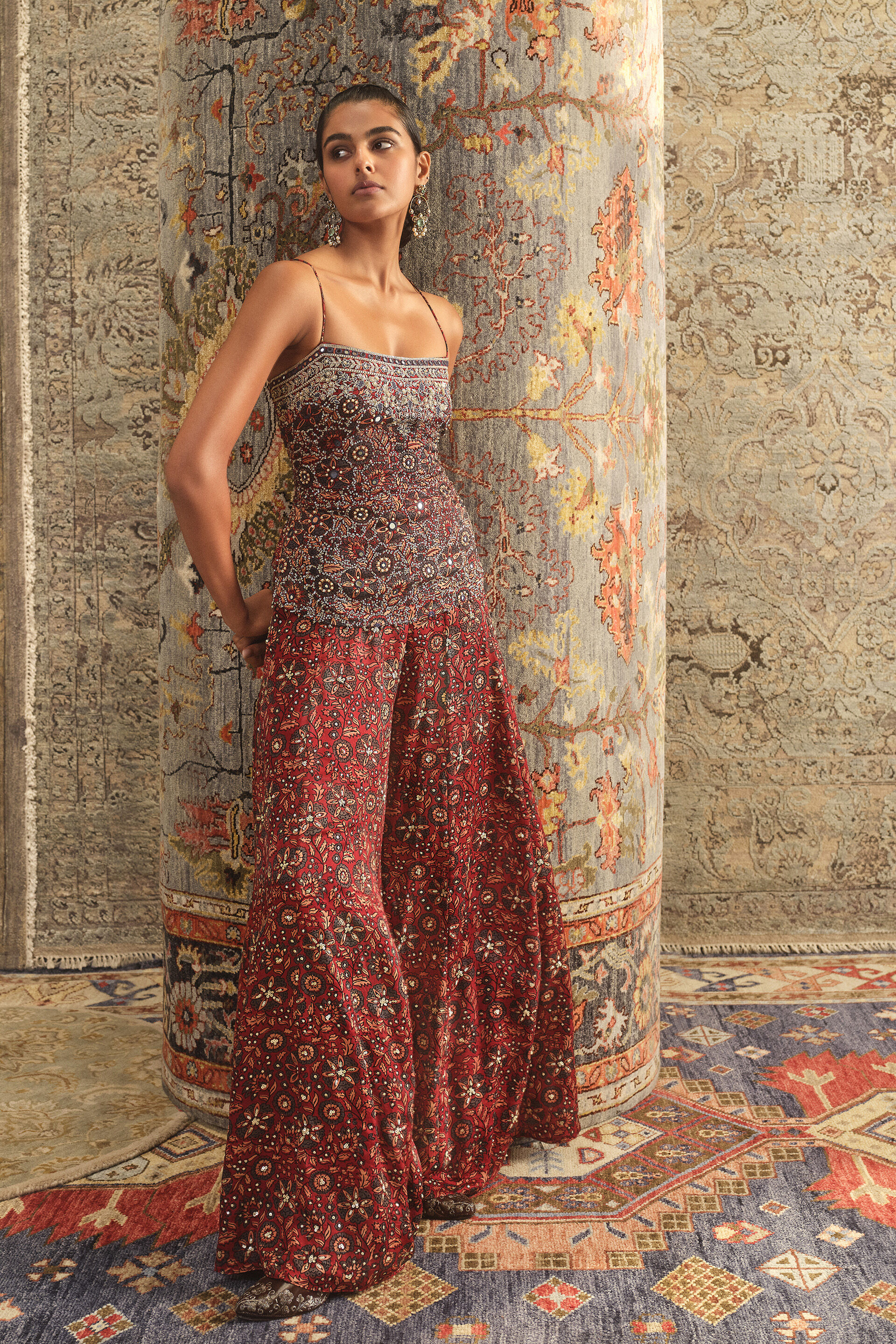 Hridya Ajrakh Hand-block Printed Silk Sharara Set - Red