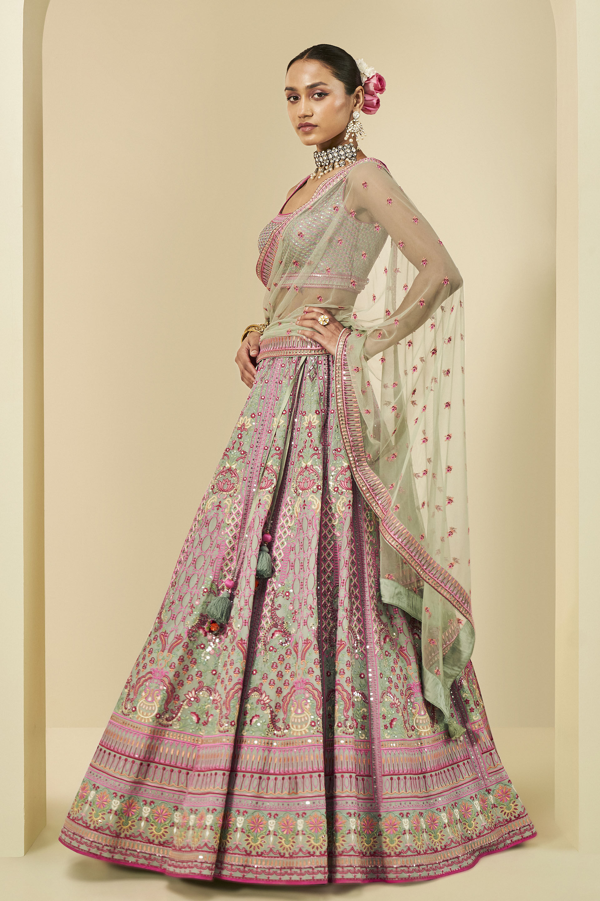 Aashirya Embroidered Lehenga Set - Sage, Sage, image 2