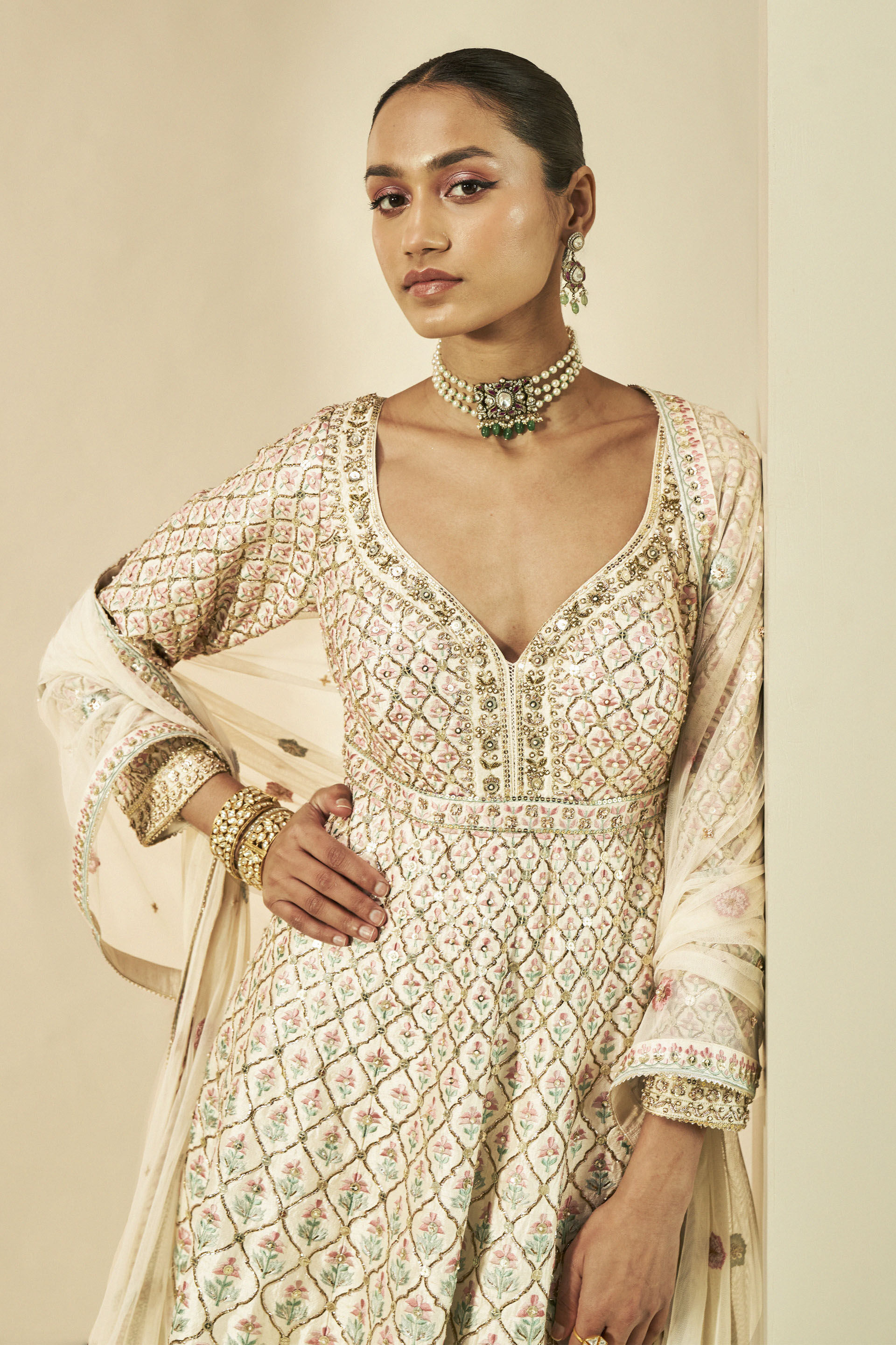 Adri Embroidered Silk Anarkali Set - Cream, Cream, image 3