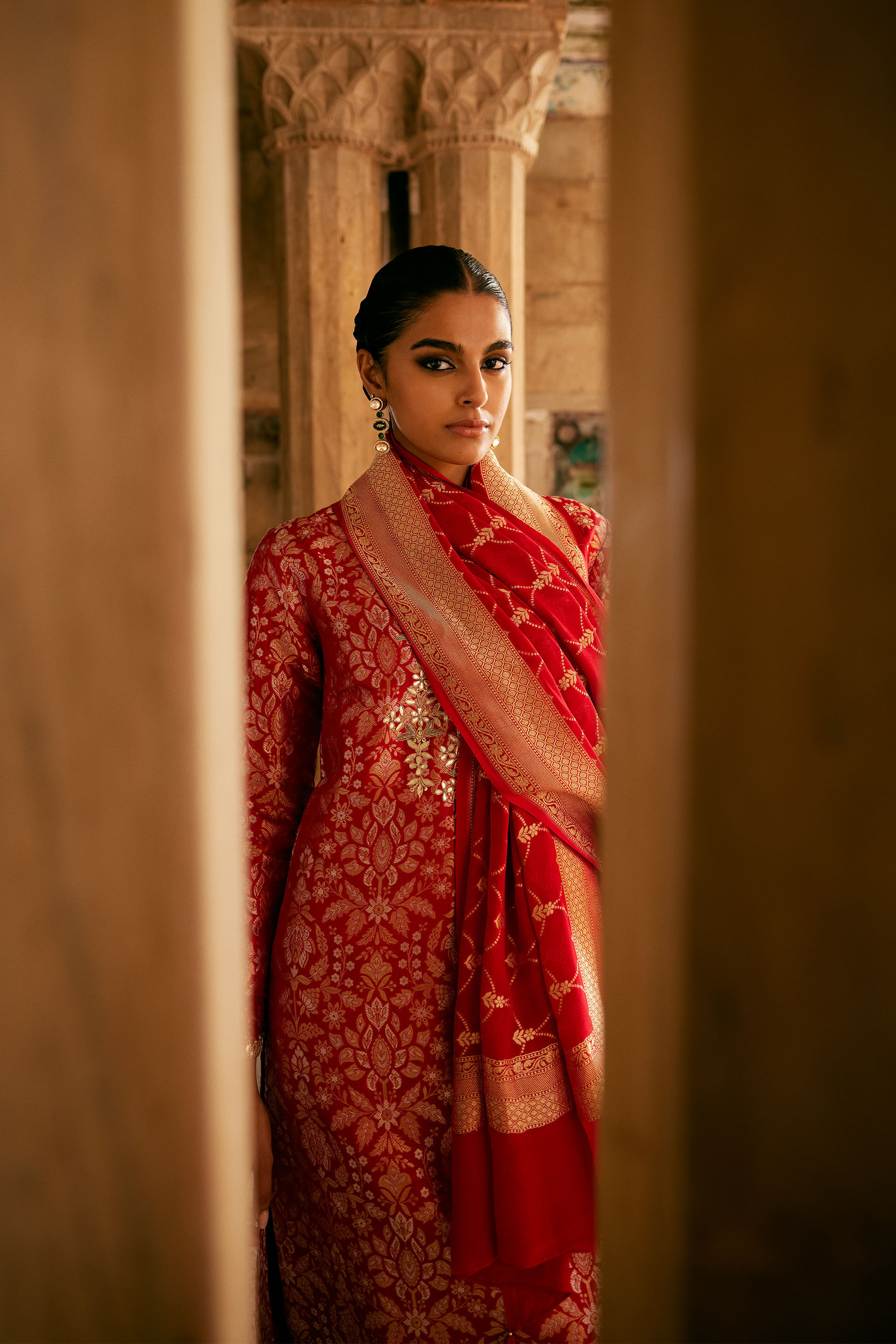 Samahita Handwoven Benarasi Silk Suit Set - Red, Red, image 4