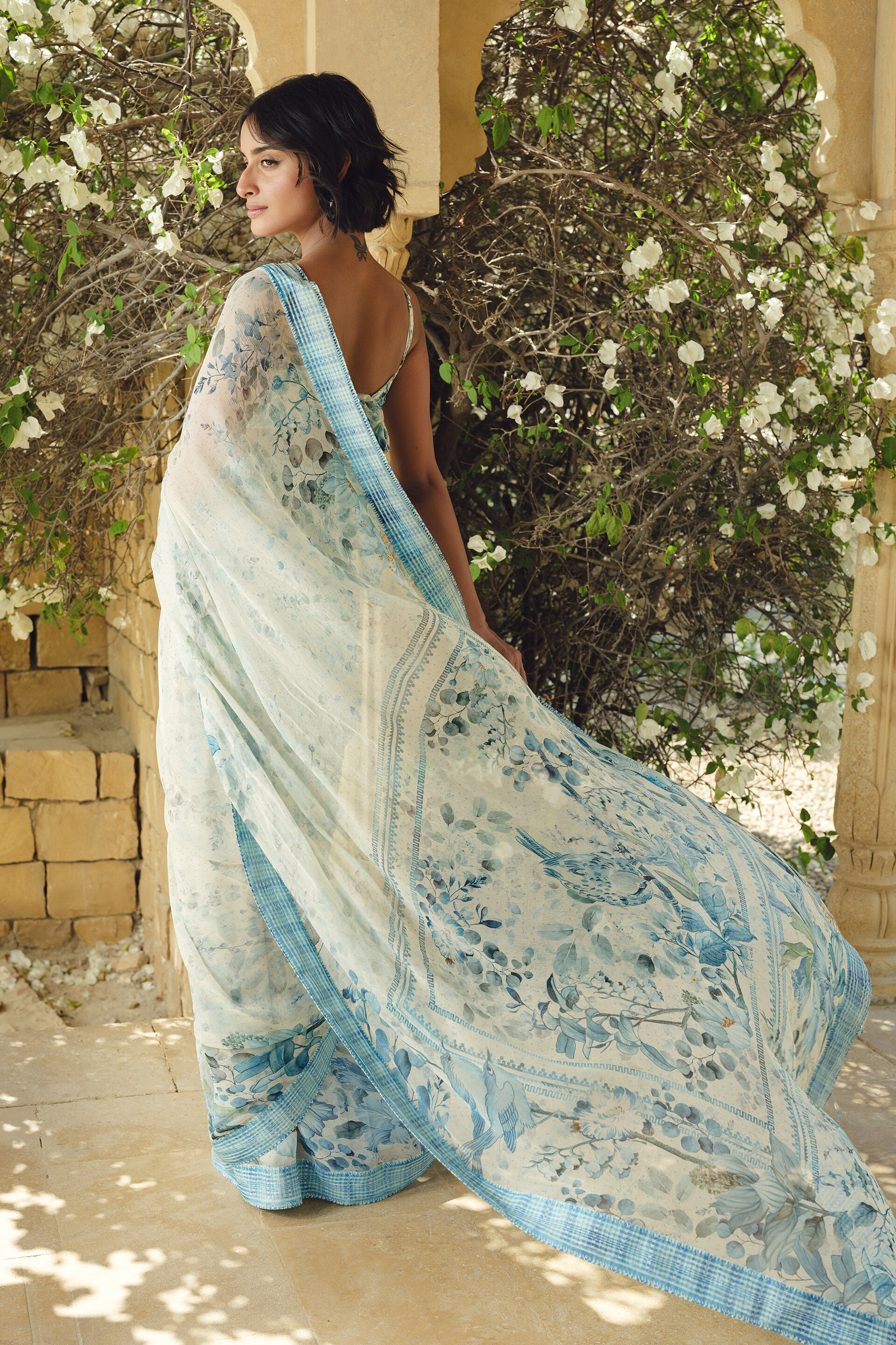 Idalia Printed Chiffon Saree - Blue, Blue, image 3