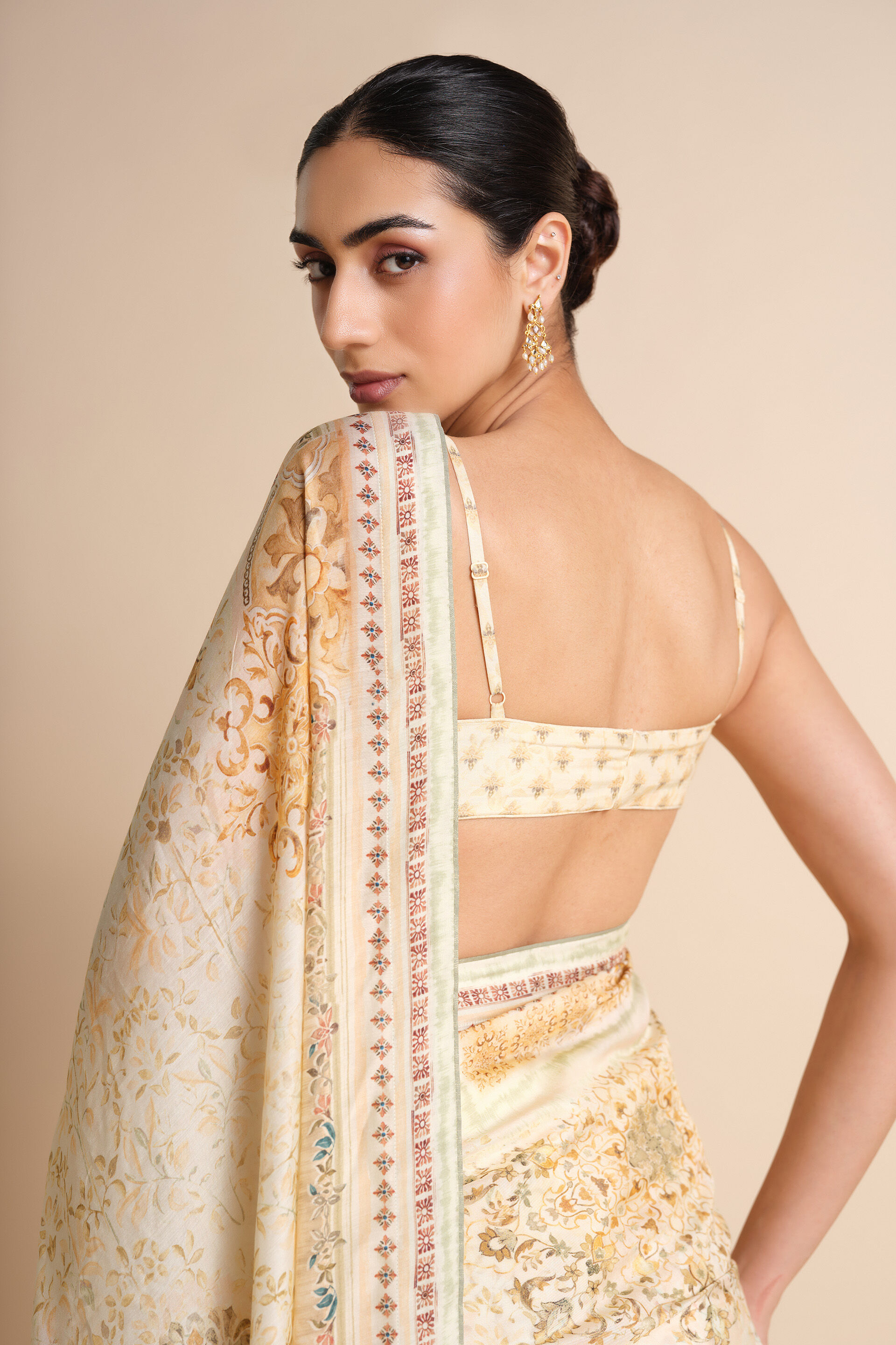 Vanora Printed Saree - Cream, Cream, image 9