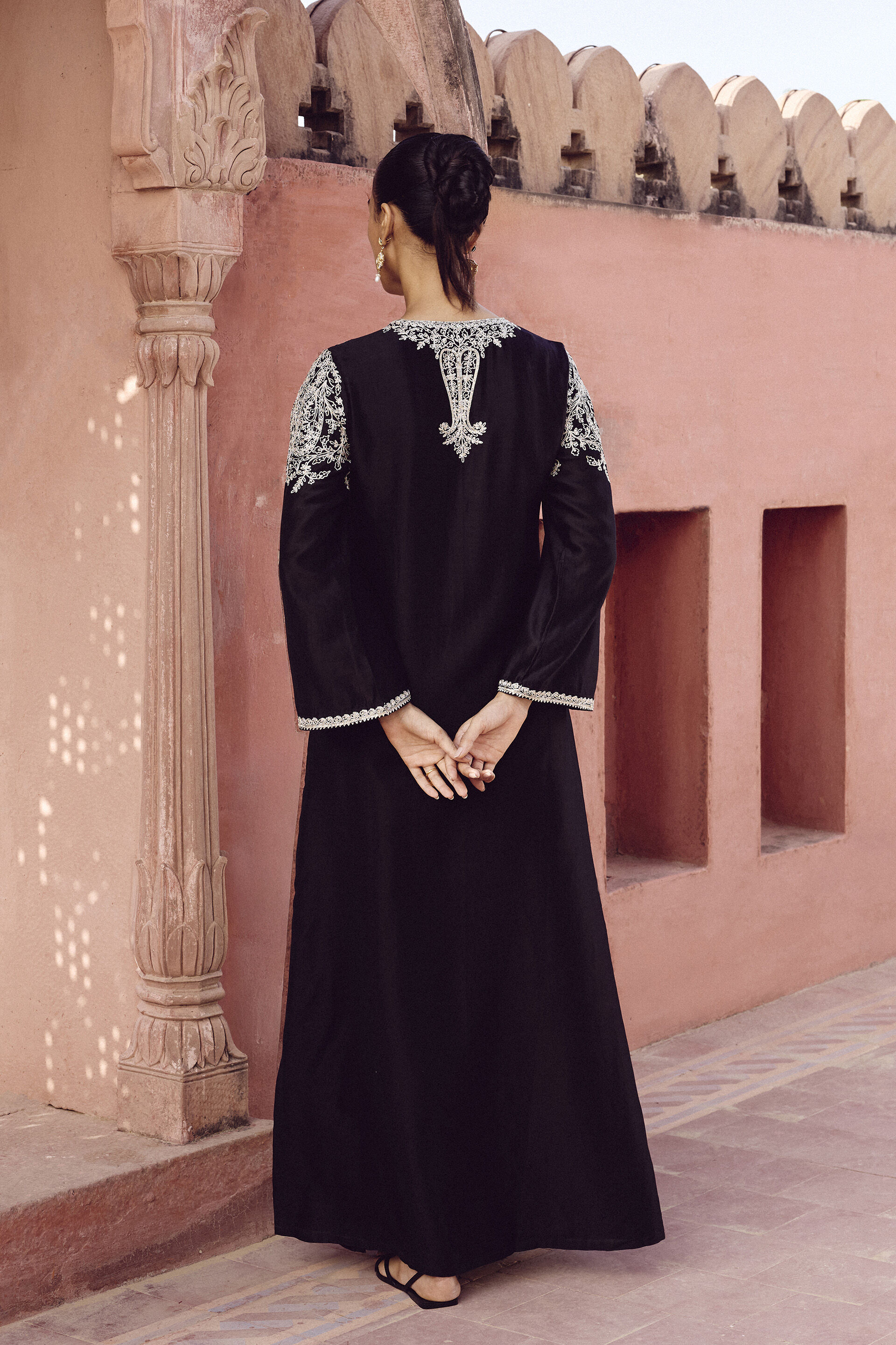 Sehrish Hand-embroidered Aari Silk Kaftan - Black