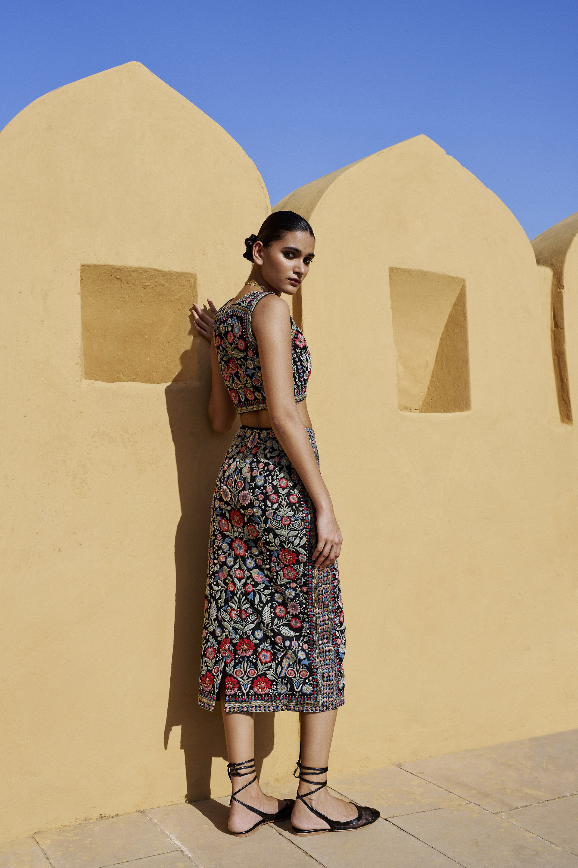 Floral Ballad Embroidered Silk Skirt Set - Black