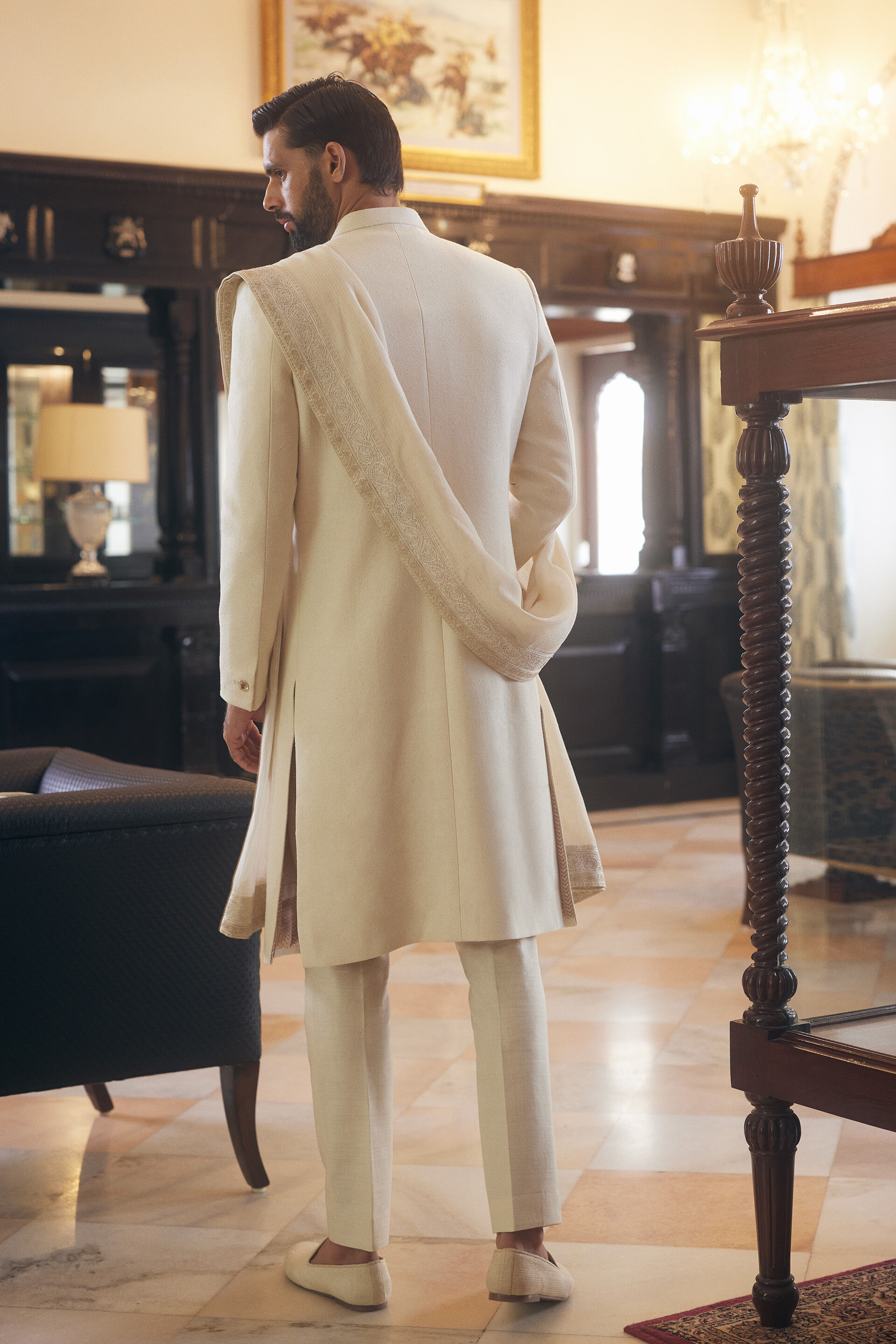 Shravas Silk Sherwani - Natural