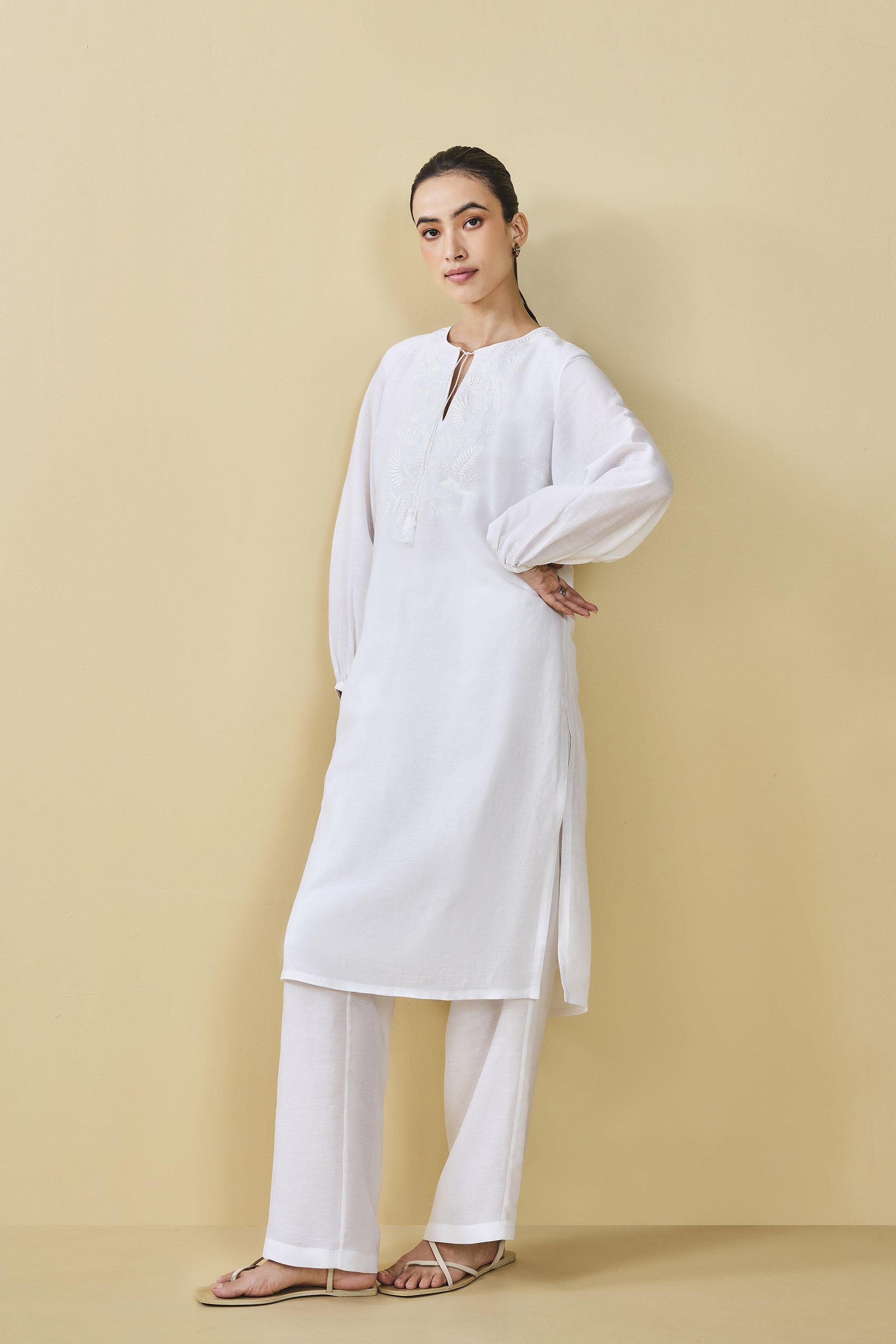 Cloud Sky Hand-embroidered Chikankari Linen Co-ord - White, White, image 3