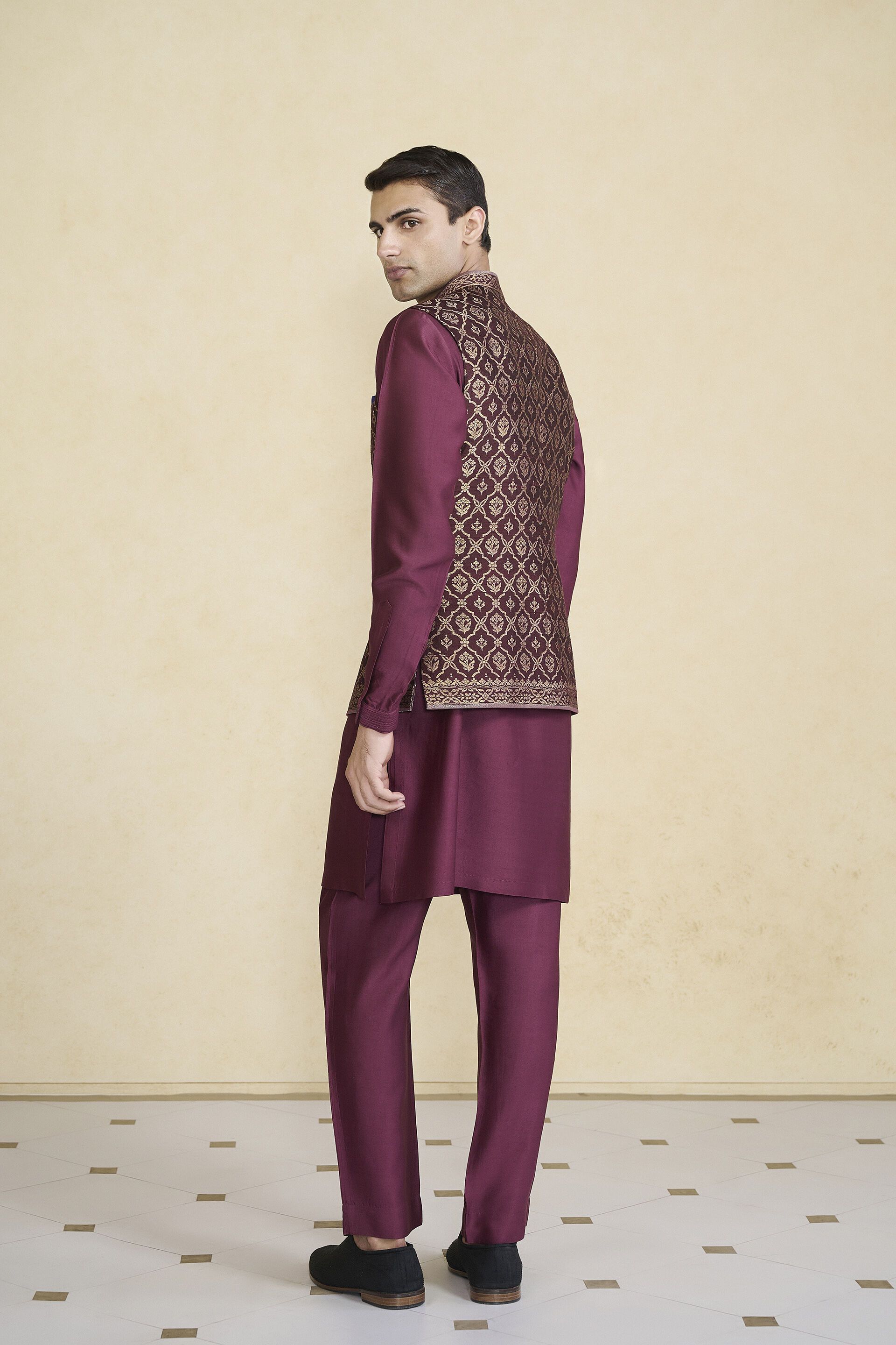 Davin Handwoven Benarasi Nehru Jacket - Plum, Plum, image 2