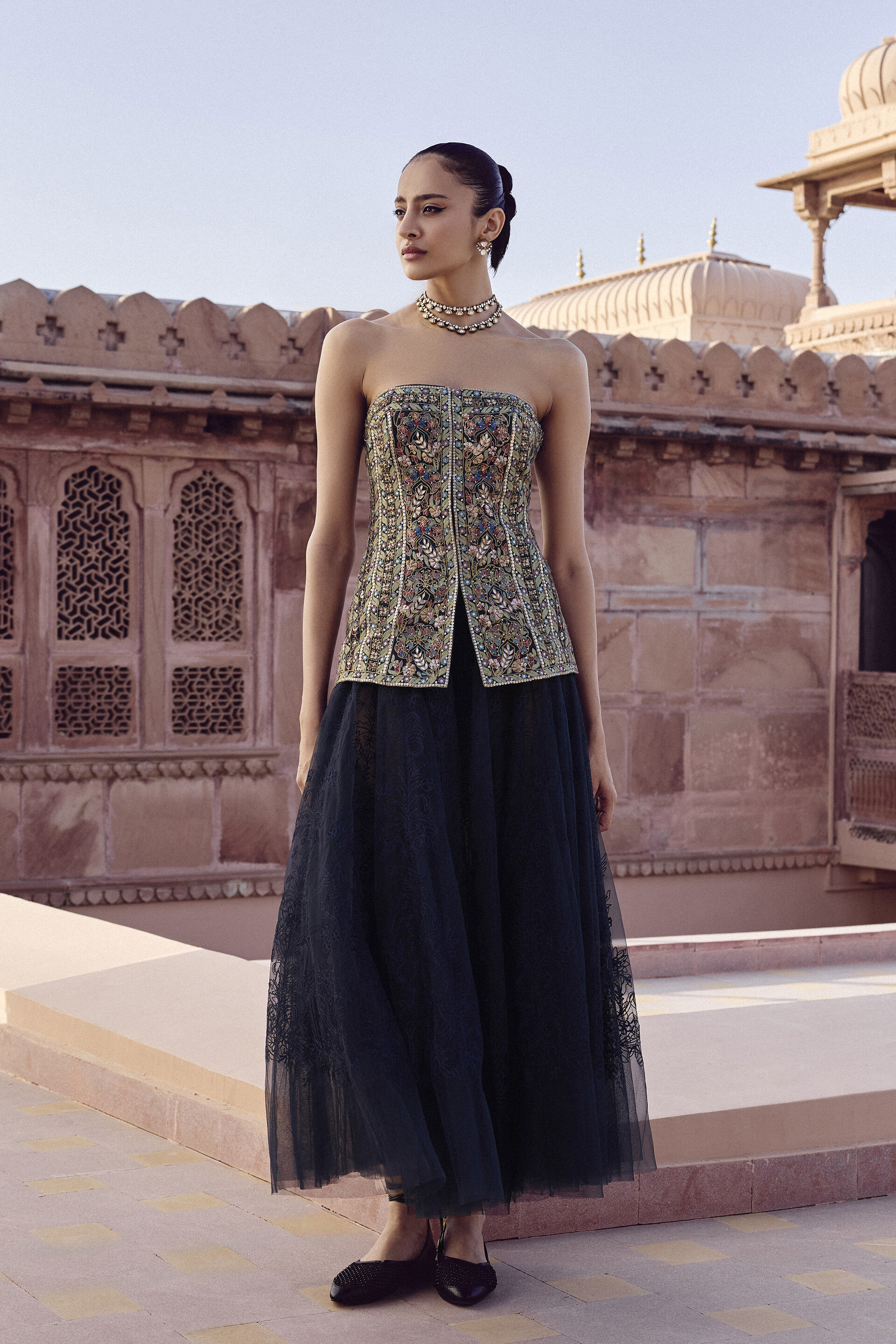 Alesha Embroidered Skirt Set - Navy Blue