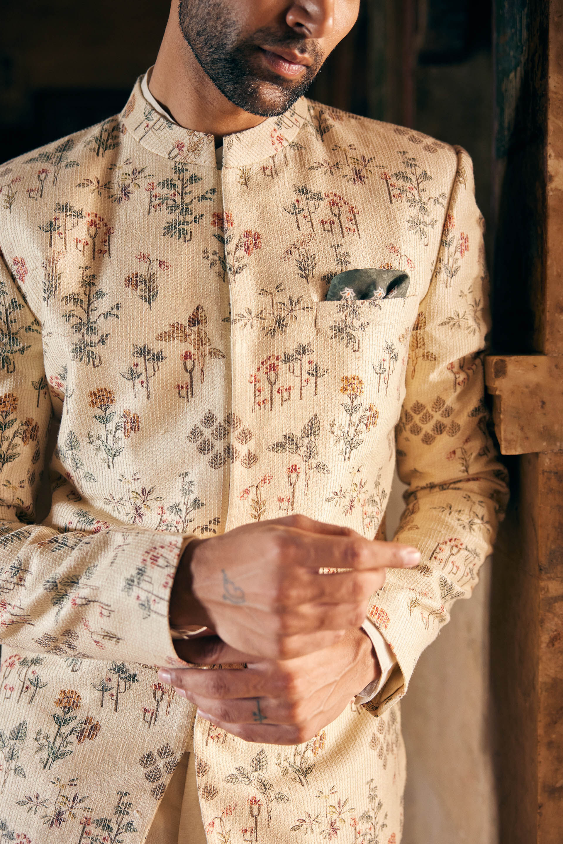 Suhan Printed Silk Bandhgala - Cream, Cream, image 5