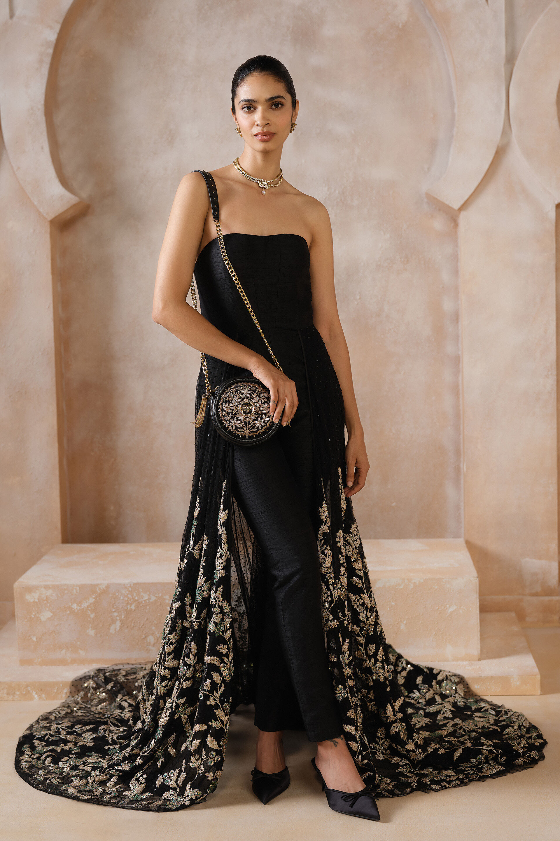 Sylvaine Embroidered Silk Trailing Jumpsuit - Black