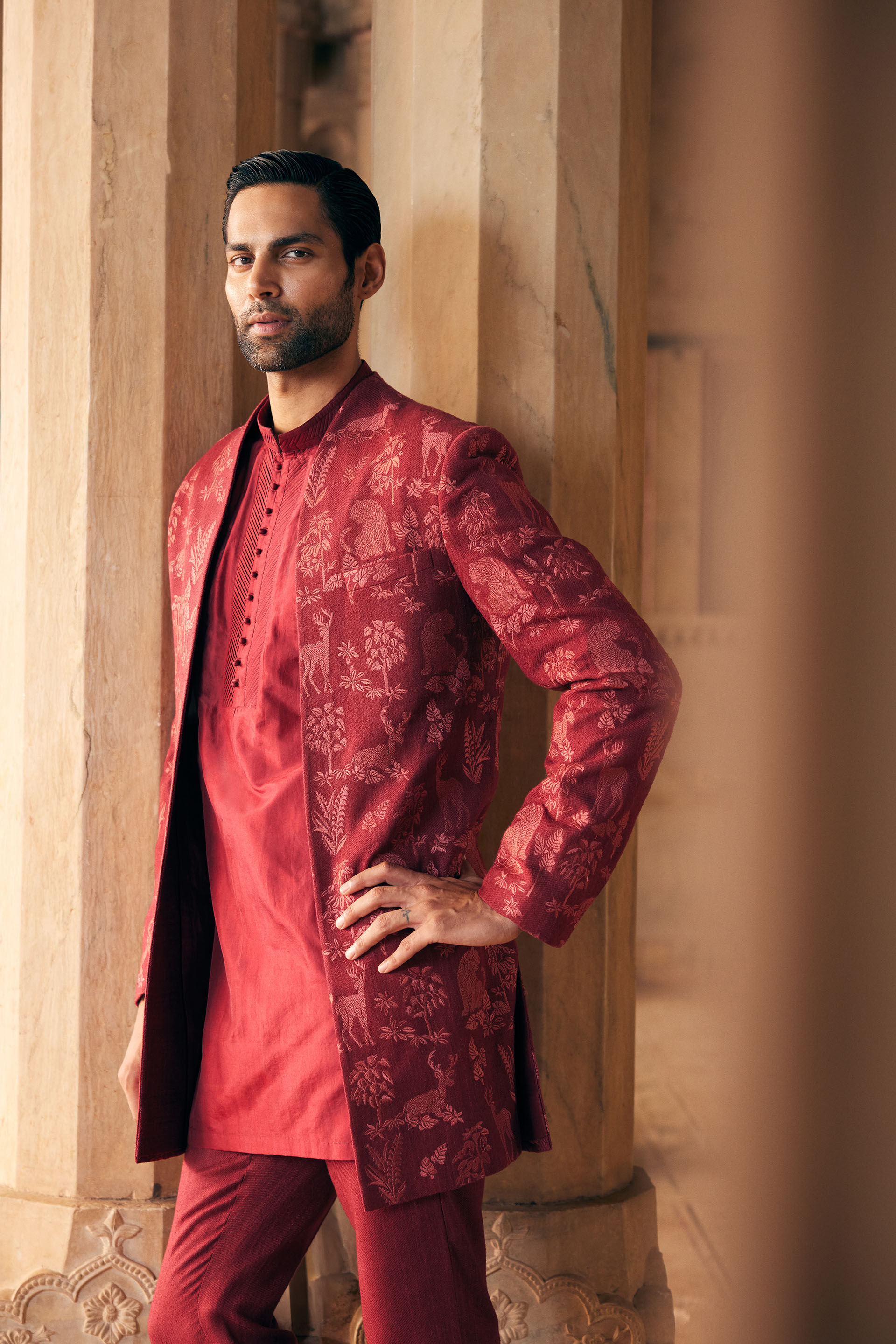 Silas Embroidered Silk Sherwani - Maroon, Maroon, image 4