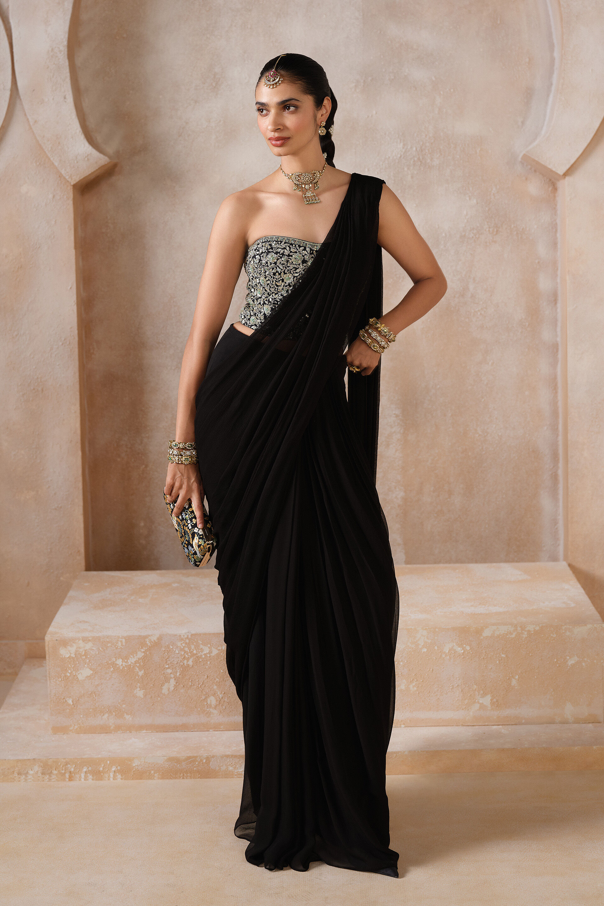 Neerudhi Embroidered Cord Pre-draped Saree - Black