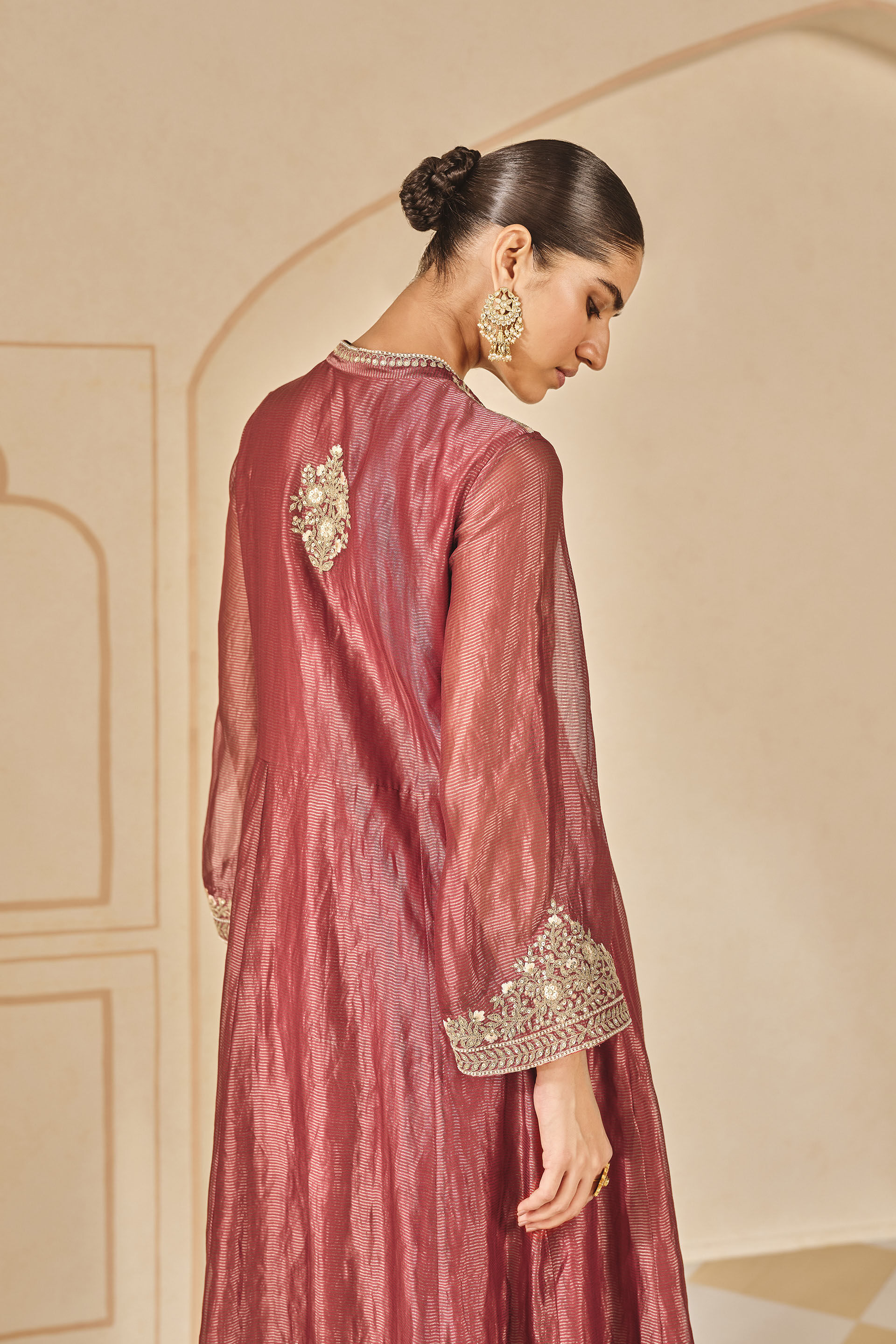 Azha Embroidered Zardozi Silk Jacket Set - Red, Red, image 5