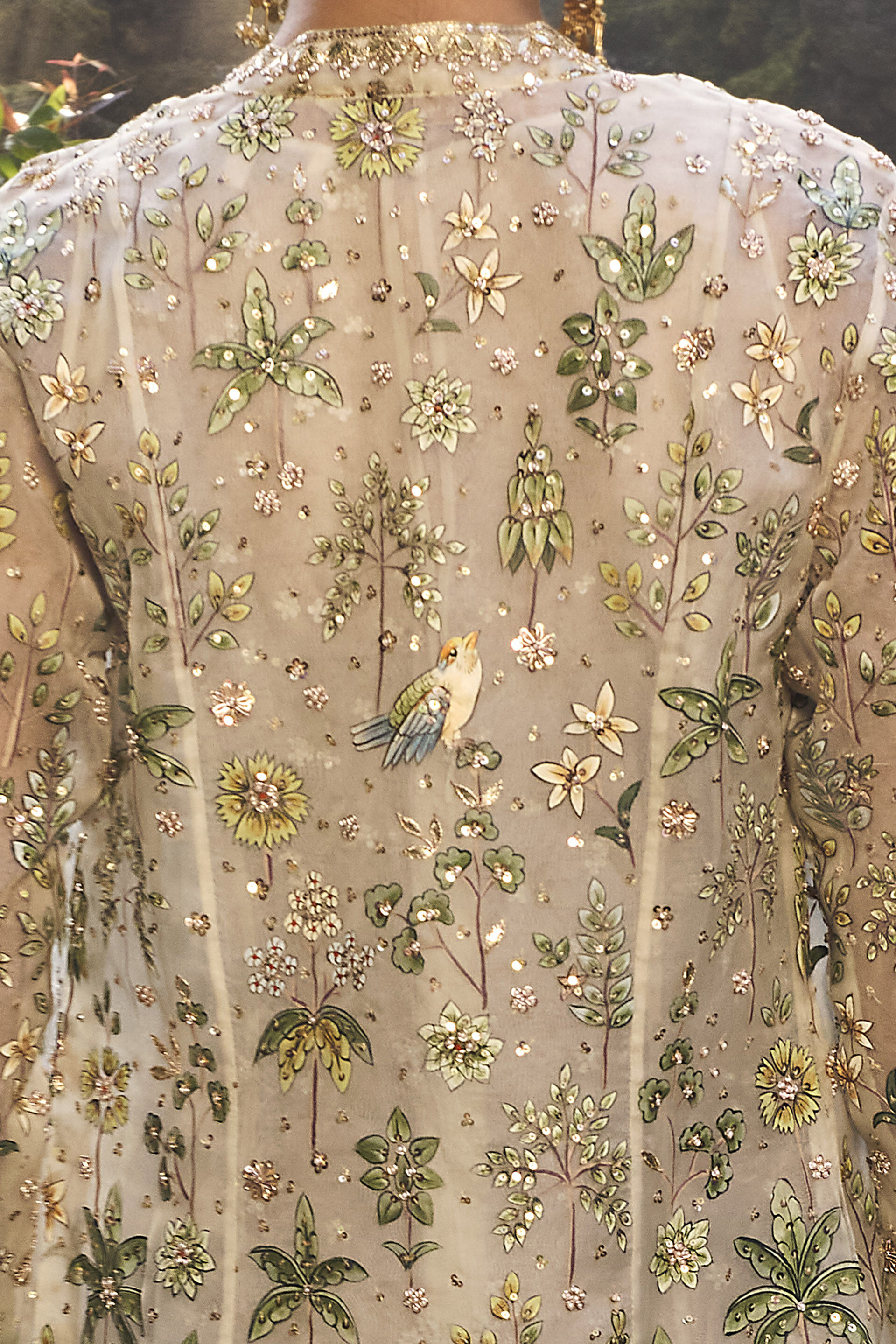 Shajar Hand-painted Pichhwai Silk Jacket Set - Ivory, Ivory, image 4