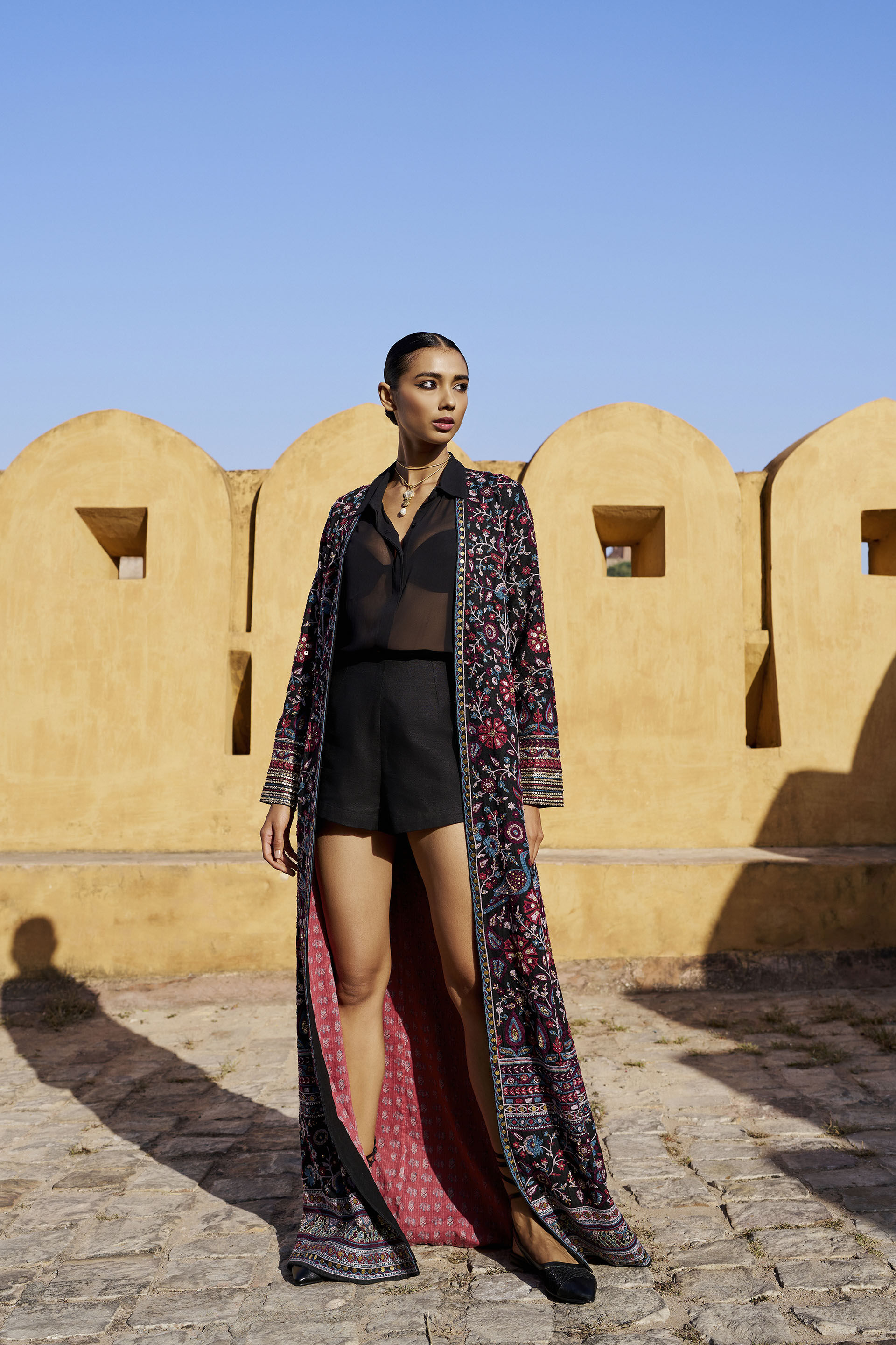 Serenade Of The Wildforest SEWA Hand-embroidered Silk Jacket Set - Black