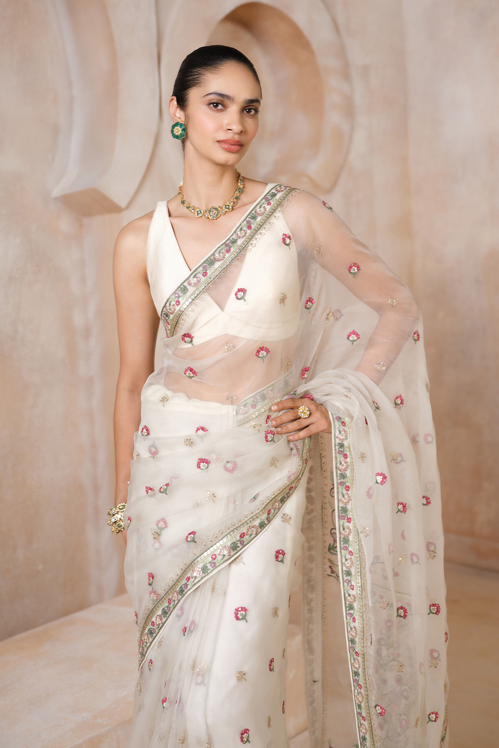 Anaysha Embroidered Silk Saree Set - Ivory, Ivory, image 4