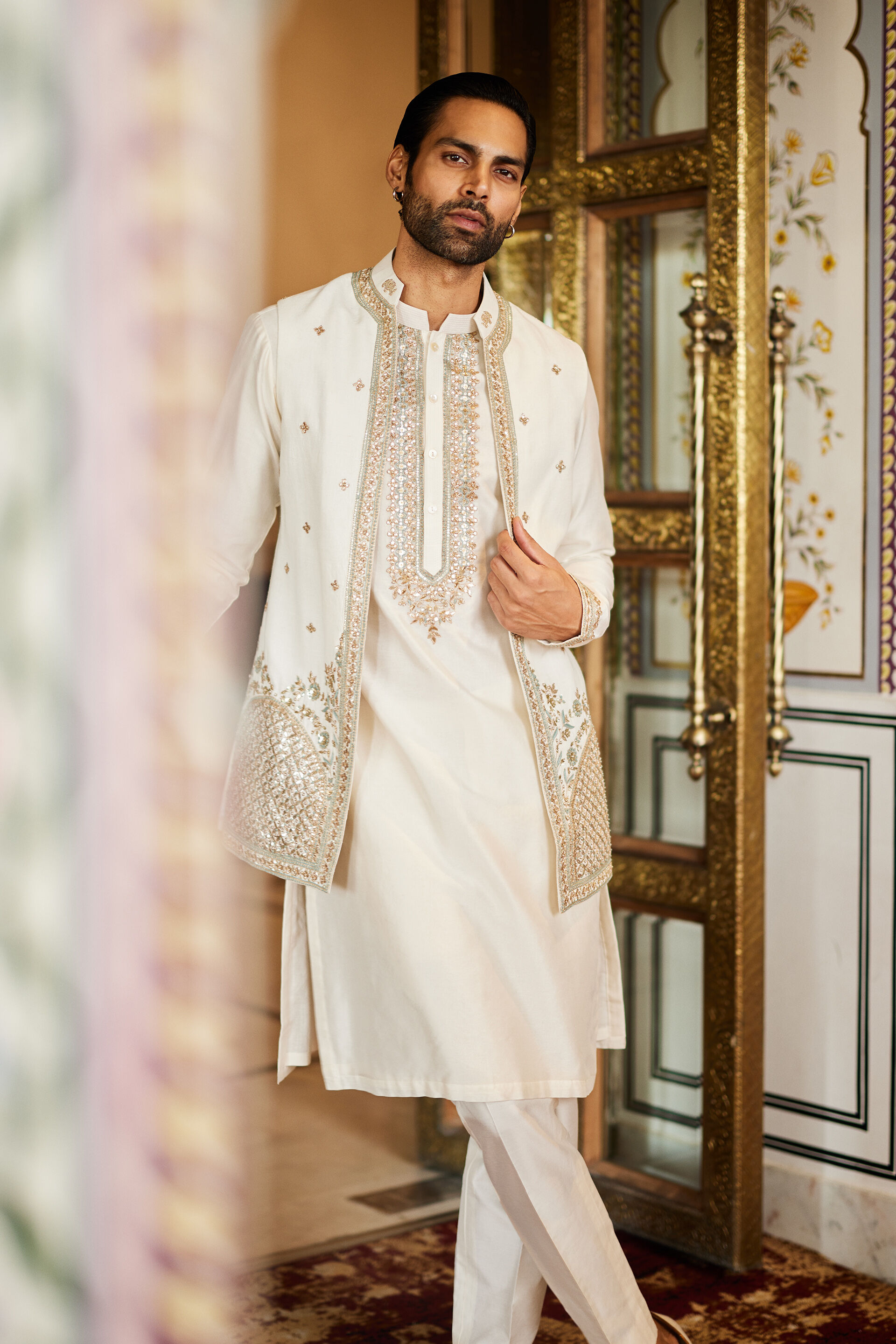 Saaket Gota Patti Silk Nehru Jacket - Ivory, Ivory, image 1