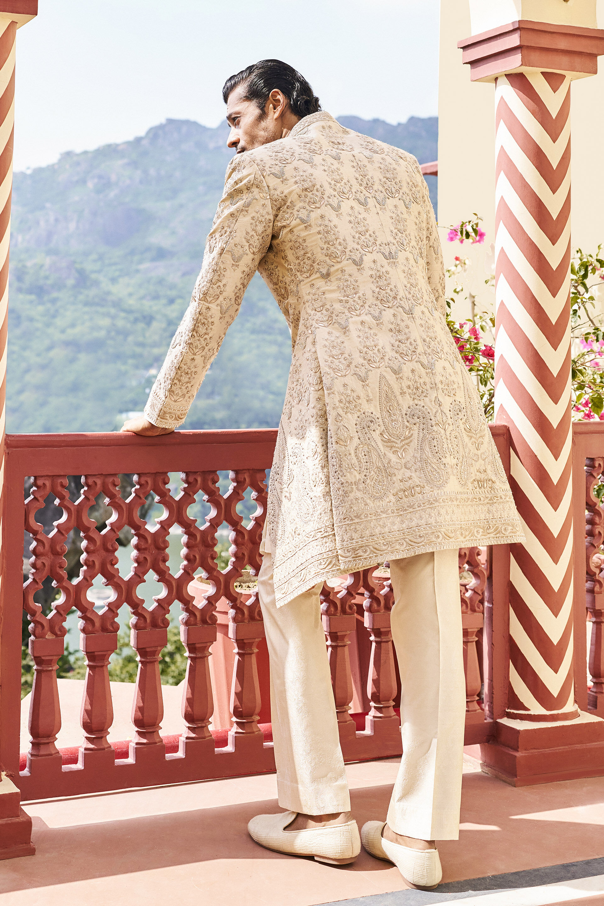 Kindred Embroidered Zardozi Silk Sherwani - Beige