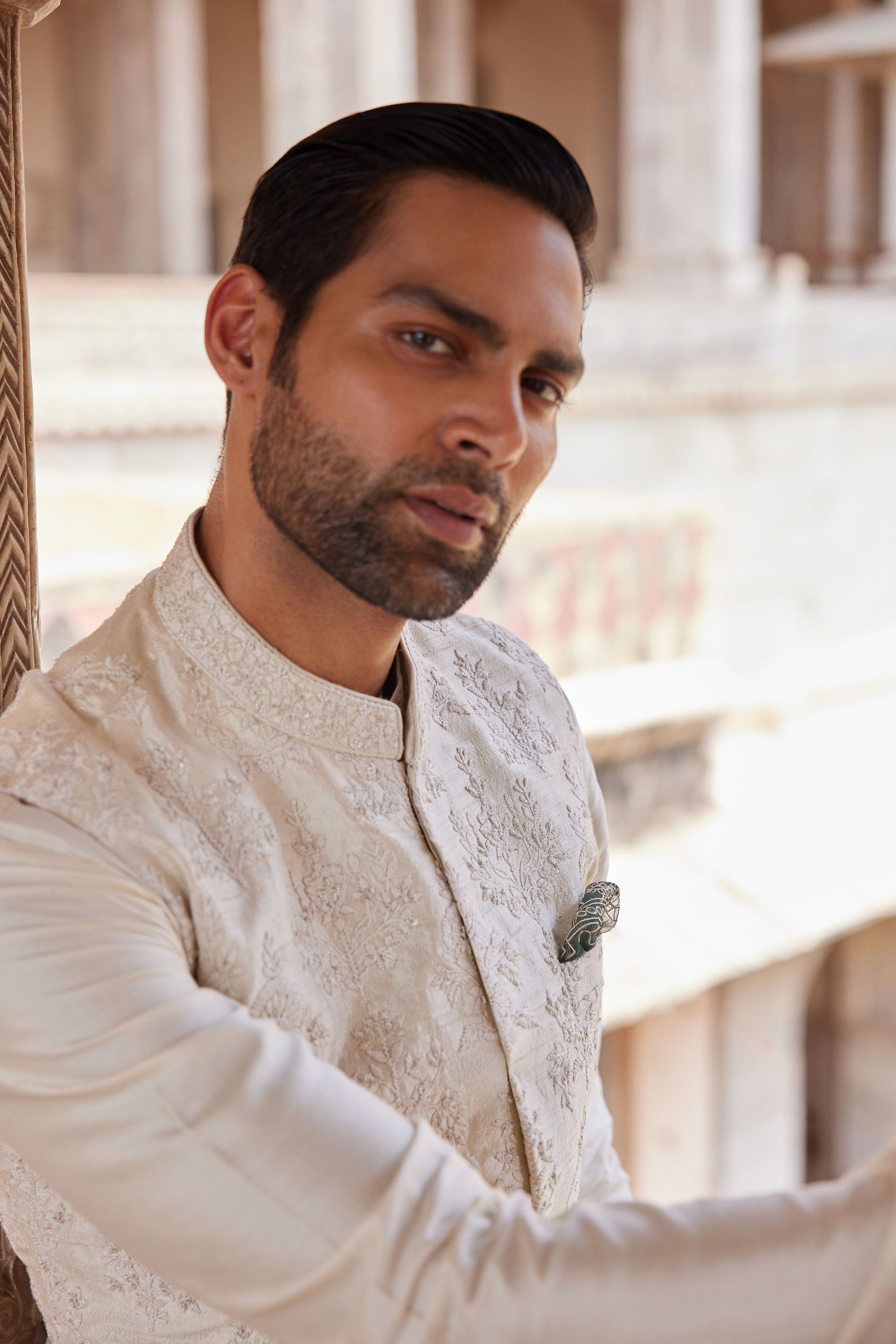 Palaksh Hand-embroidered Silk Nehru Jacket - Ivory, Ivory, image 6