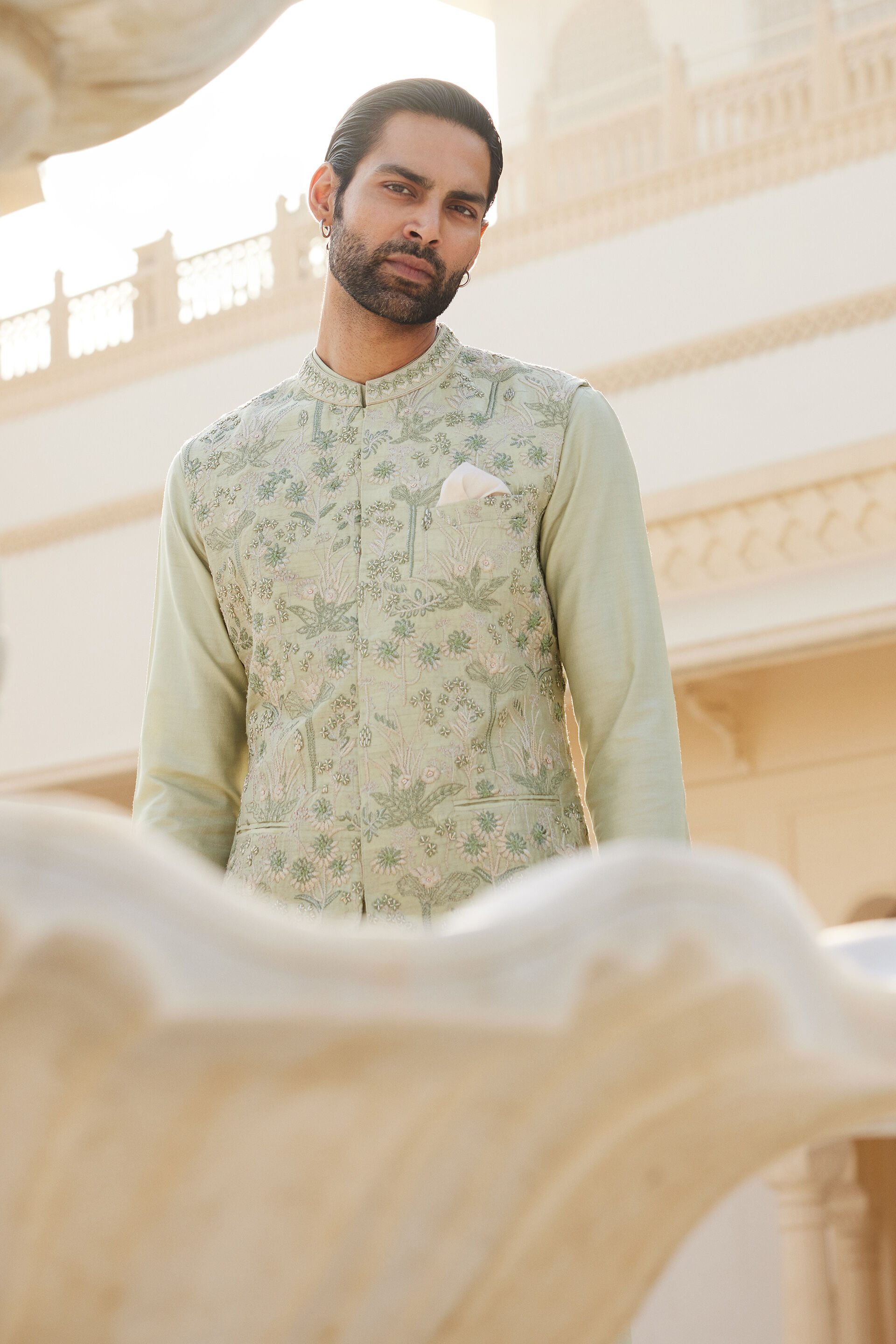 Balfour Embroidered Silk Nehru Jacket - Sage, Sage, image 6