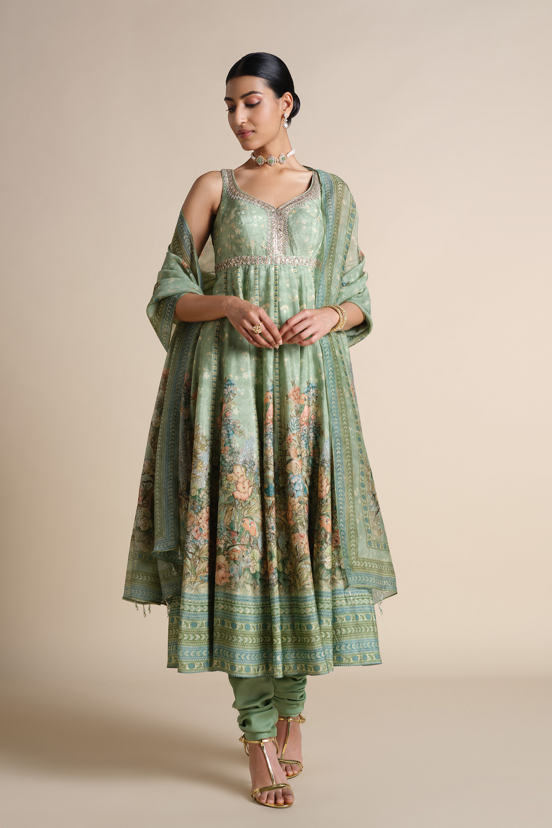 Avolnea Silk Anarkali Set - Sage