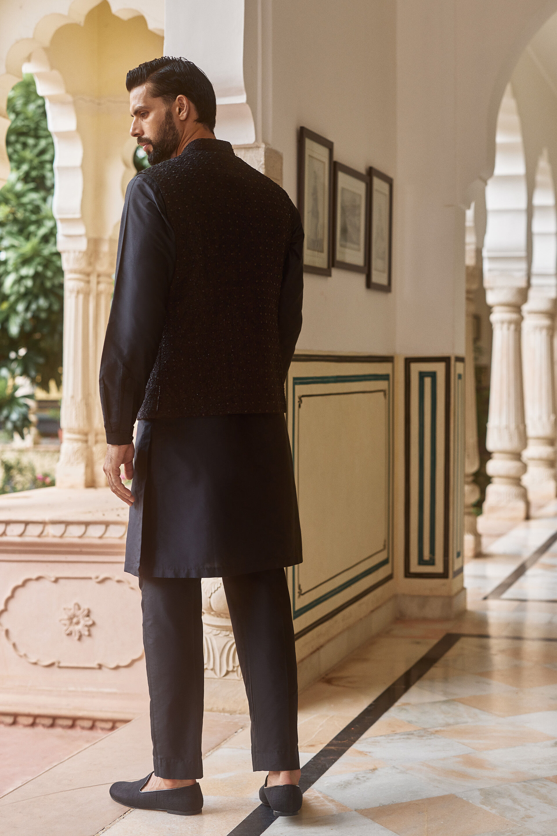 Chaital Embroidered Silk Nehru Jacket - Black