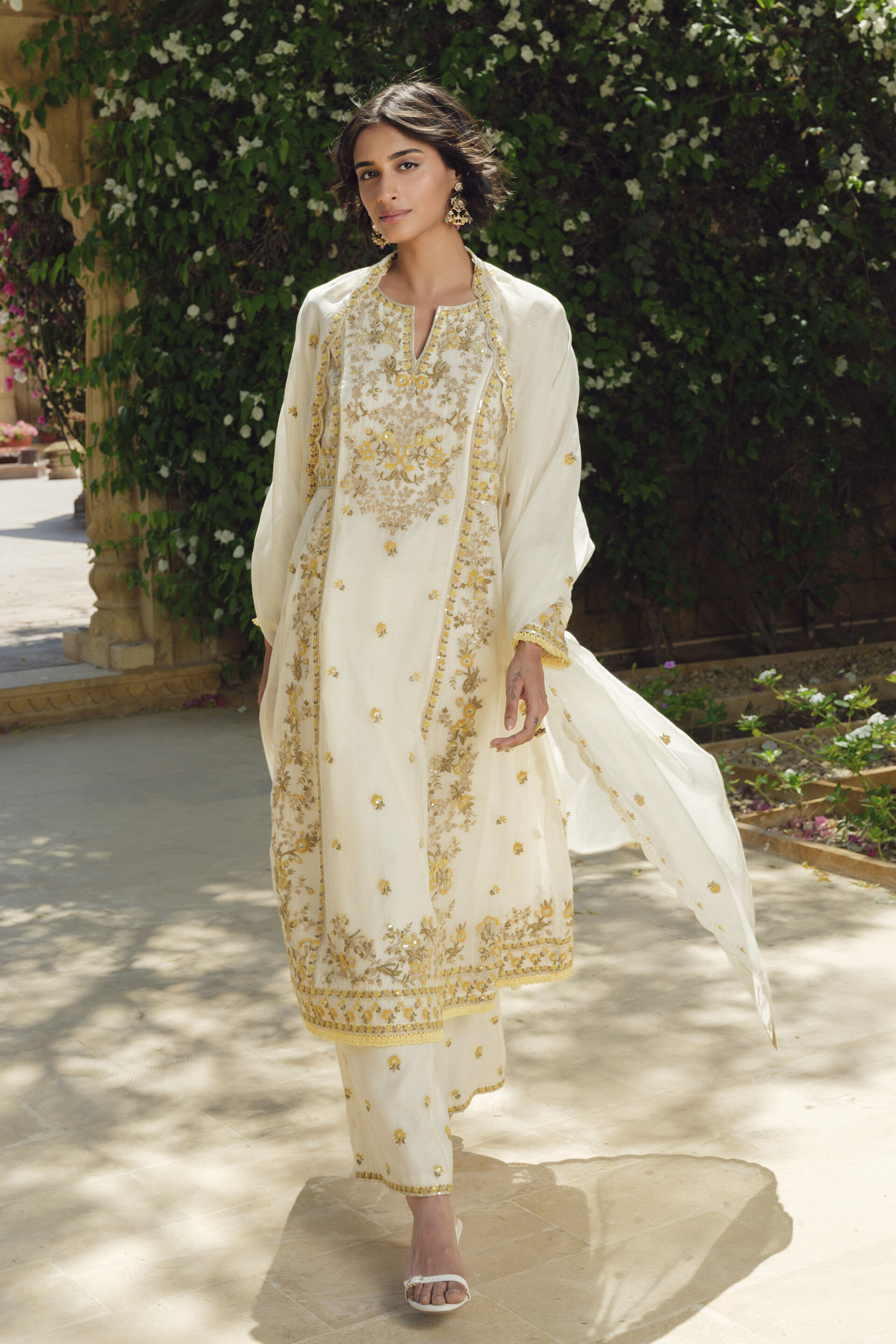 Amra Embroidered Mul Suit Set - Natural
