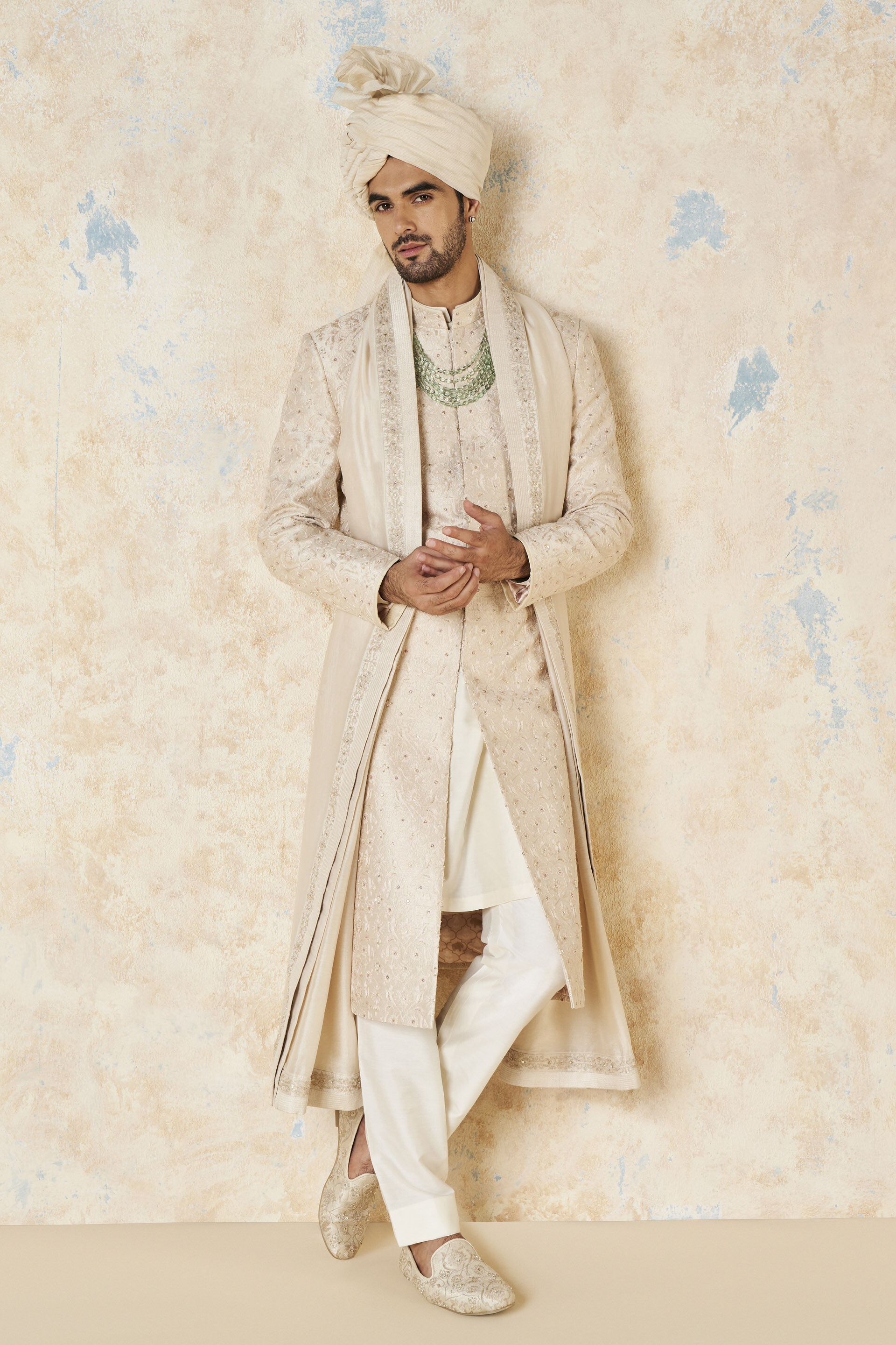 Aajay Zardozi & Aari Silk Sherwani - Ecru