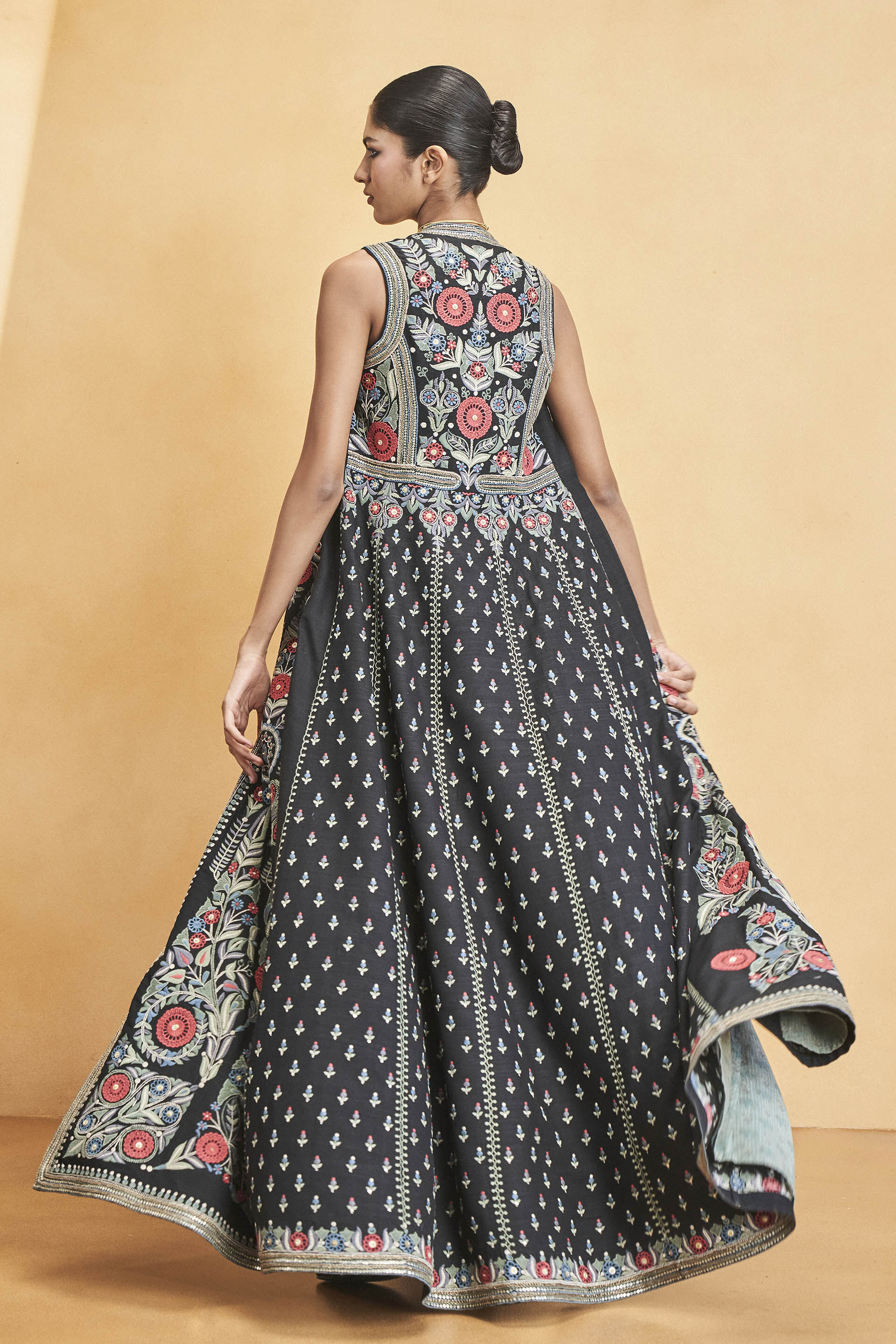 Symphony Of Flowers Embroidered Zardozi Silk Jacket Set - Black, Black, image 3