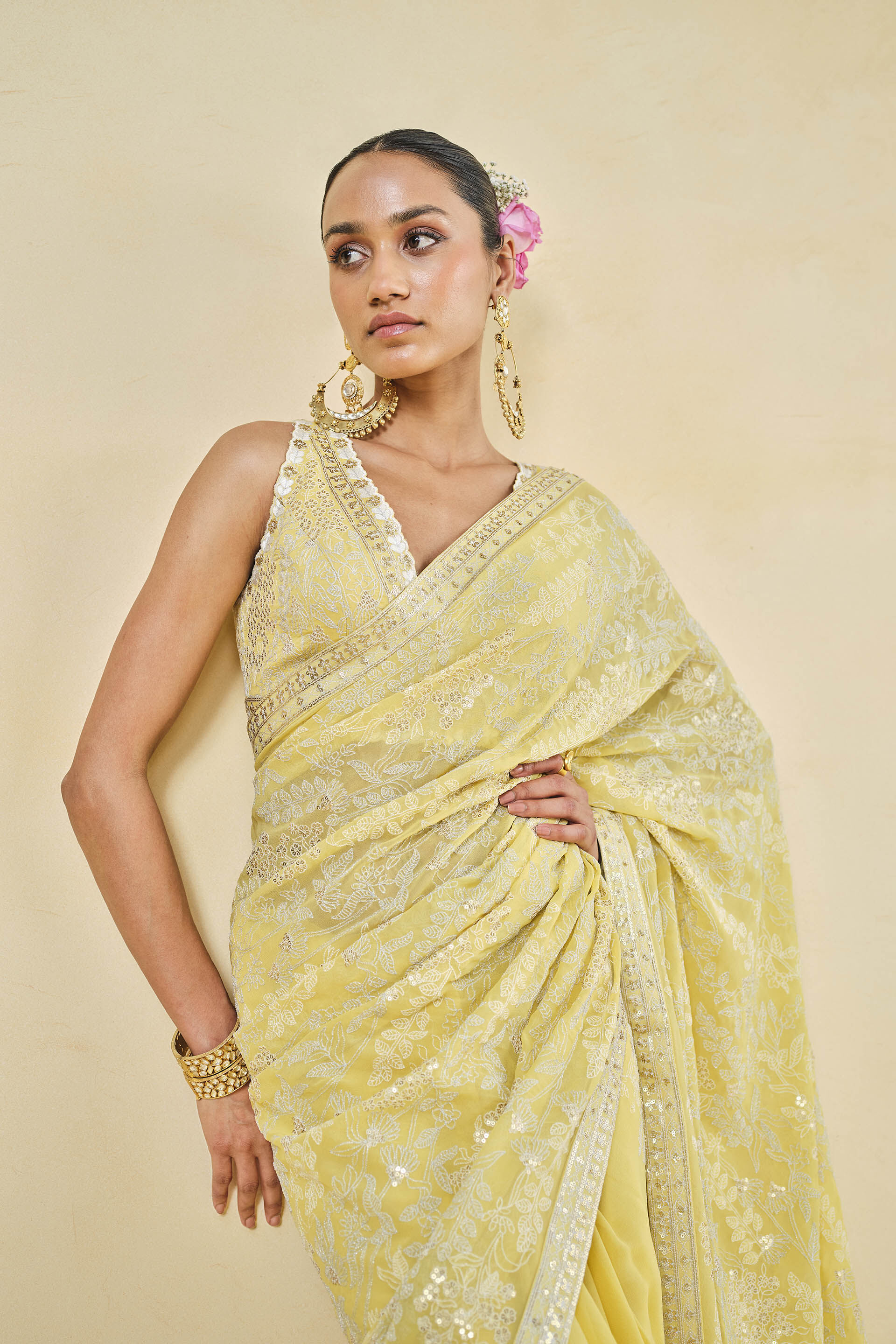 Allamanda Embroidered Georgette Saree - Yellow, Yellow, image 6