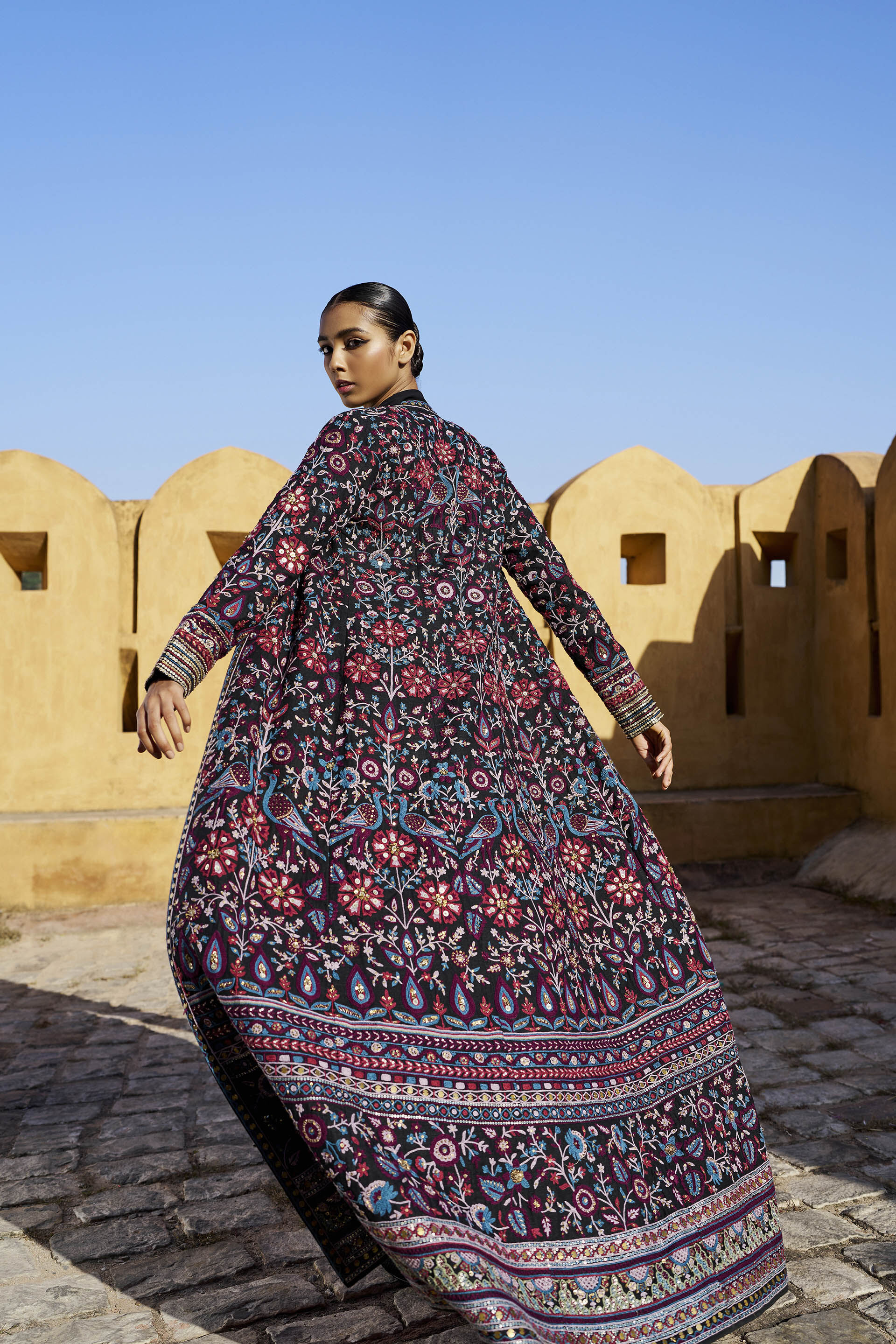 Serenade Of The Wildforest SEWA Hand-embroidered Silk Jacket Set - Black