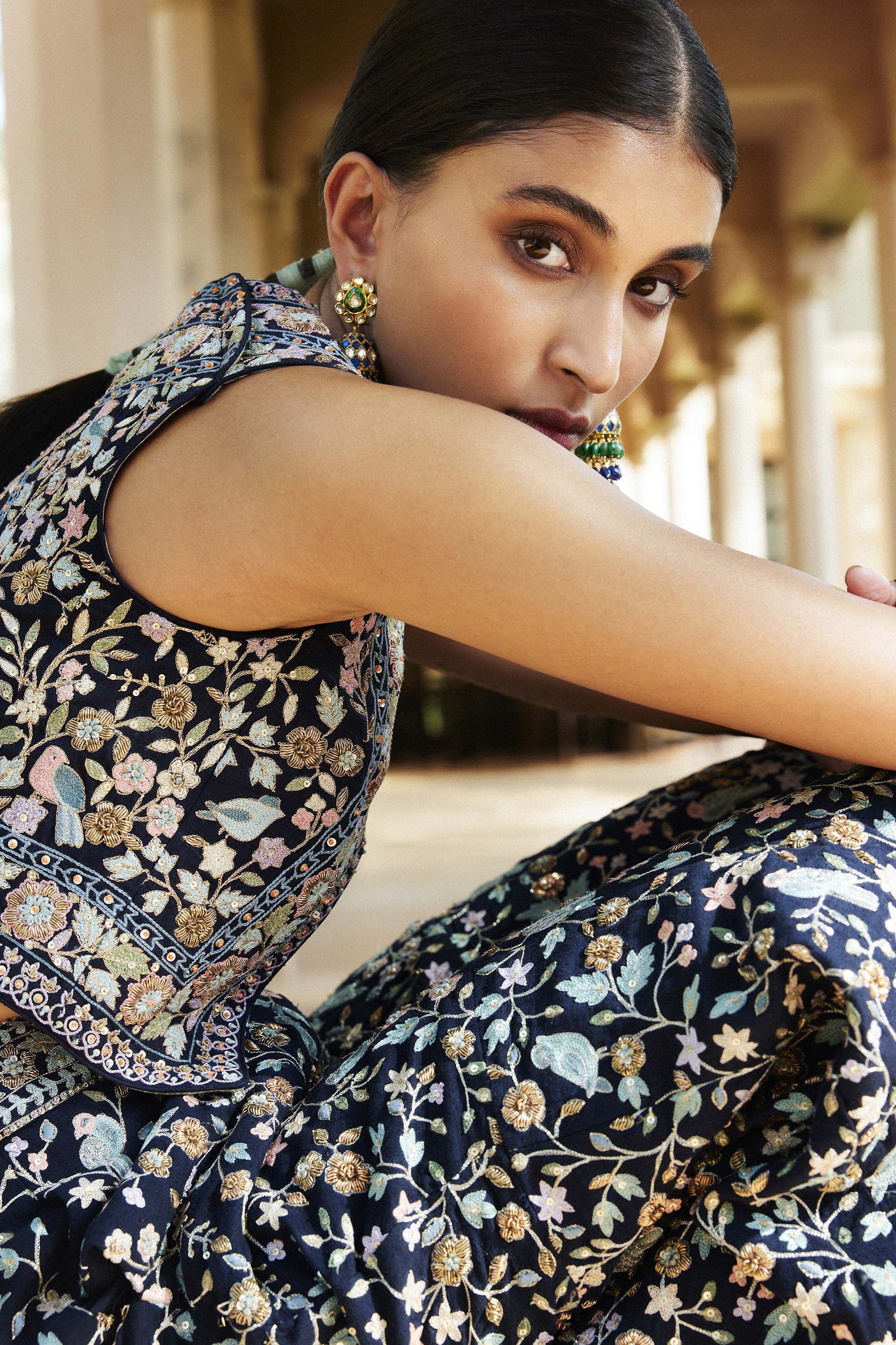 Jala Resham & Zardozi Silk Gharara Set - Navy Blue, Navy Blue, image 4