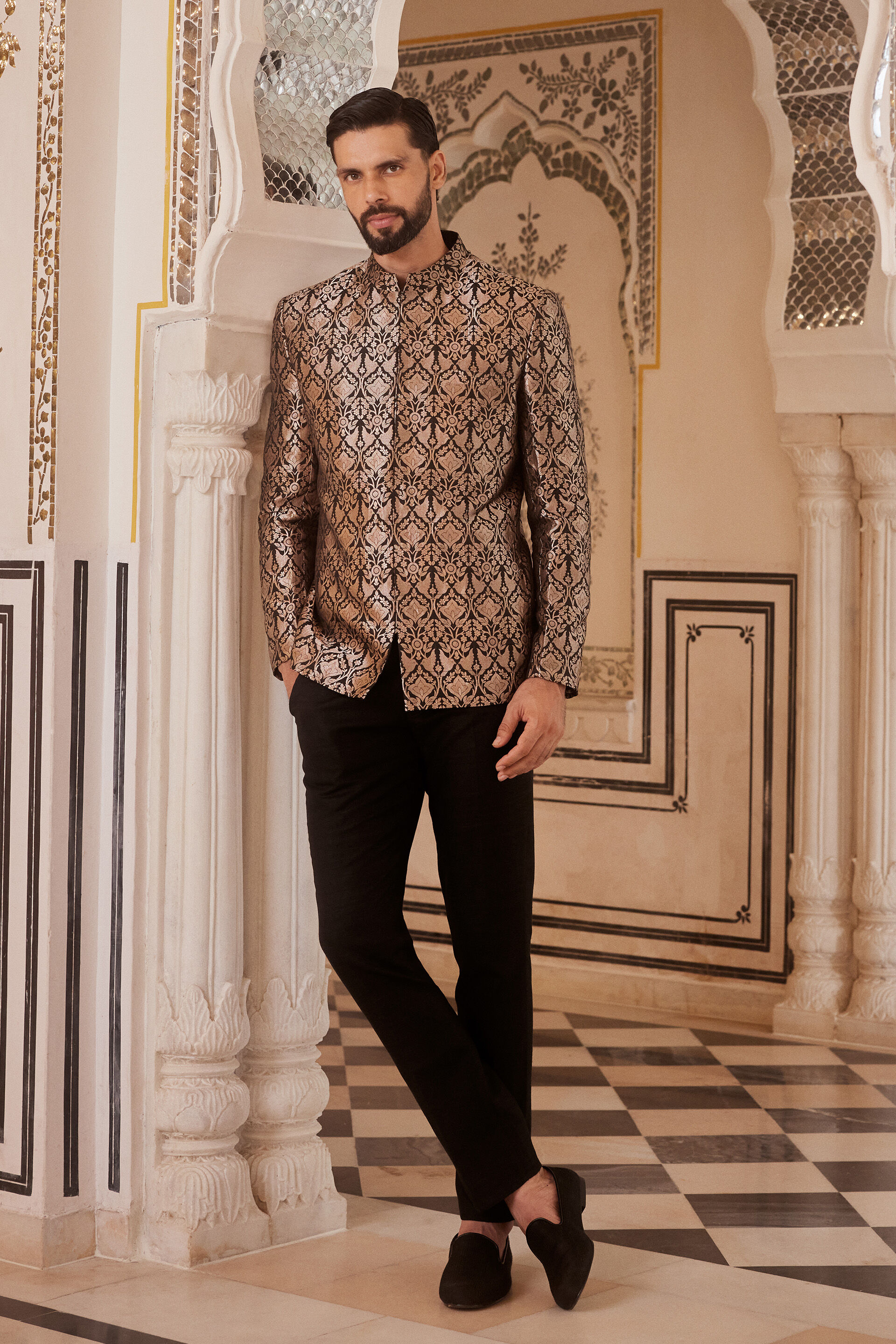 Swarank Handwoven Benarasi Silk Bandhgala - Black