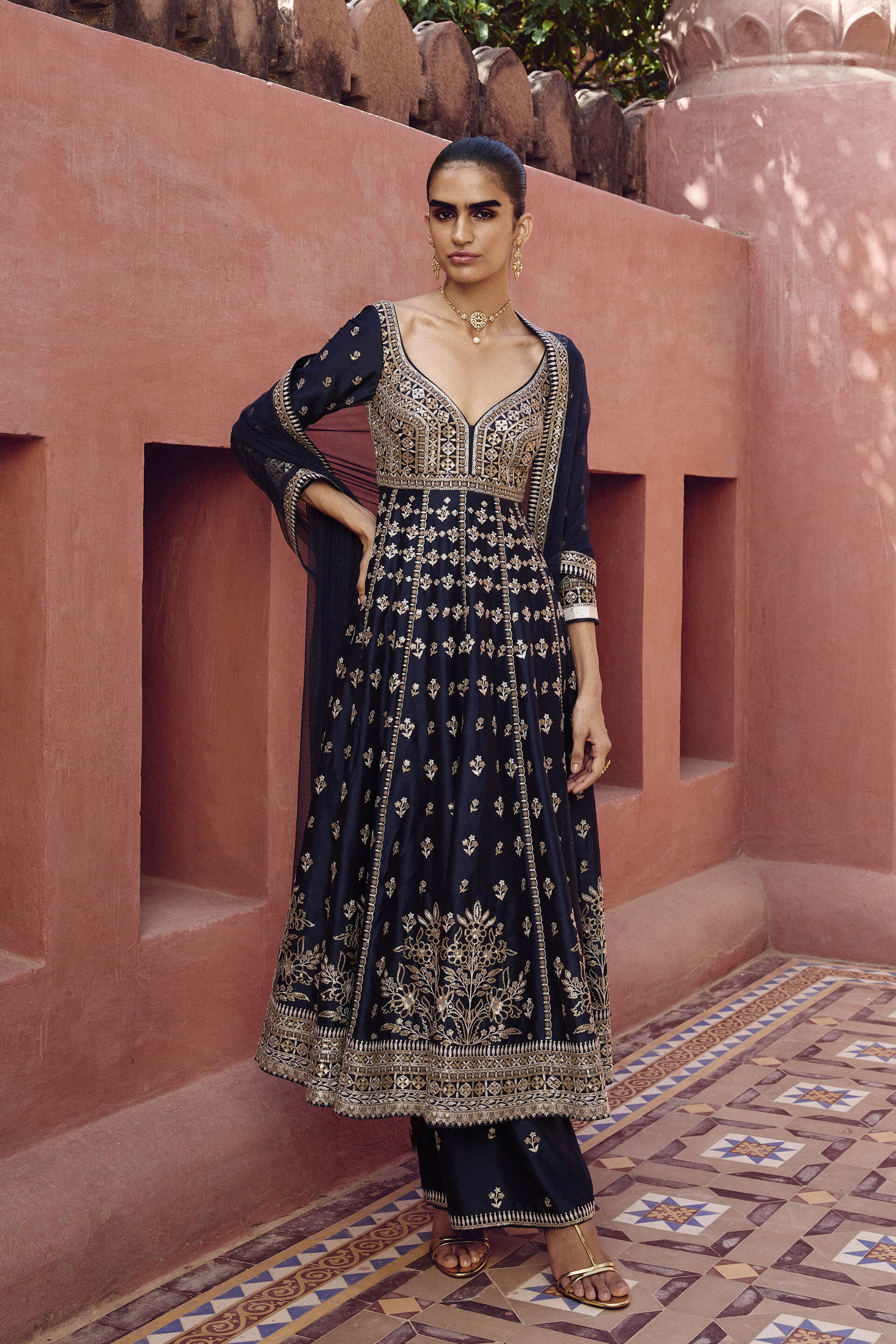 Triyama Embroidered Silk Anarkali Set - Blue